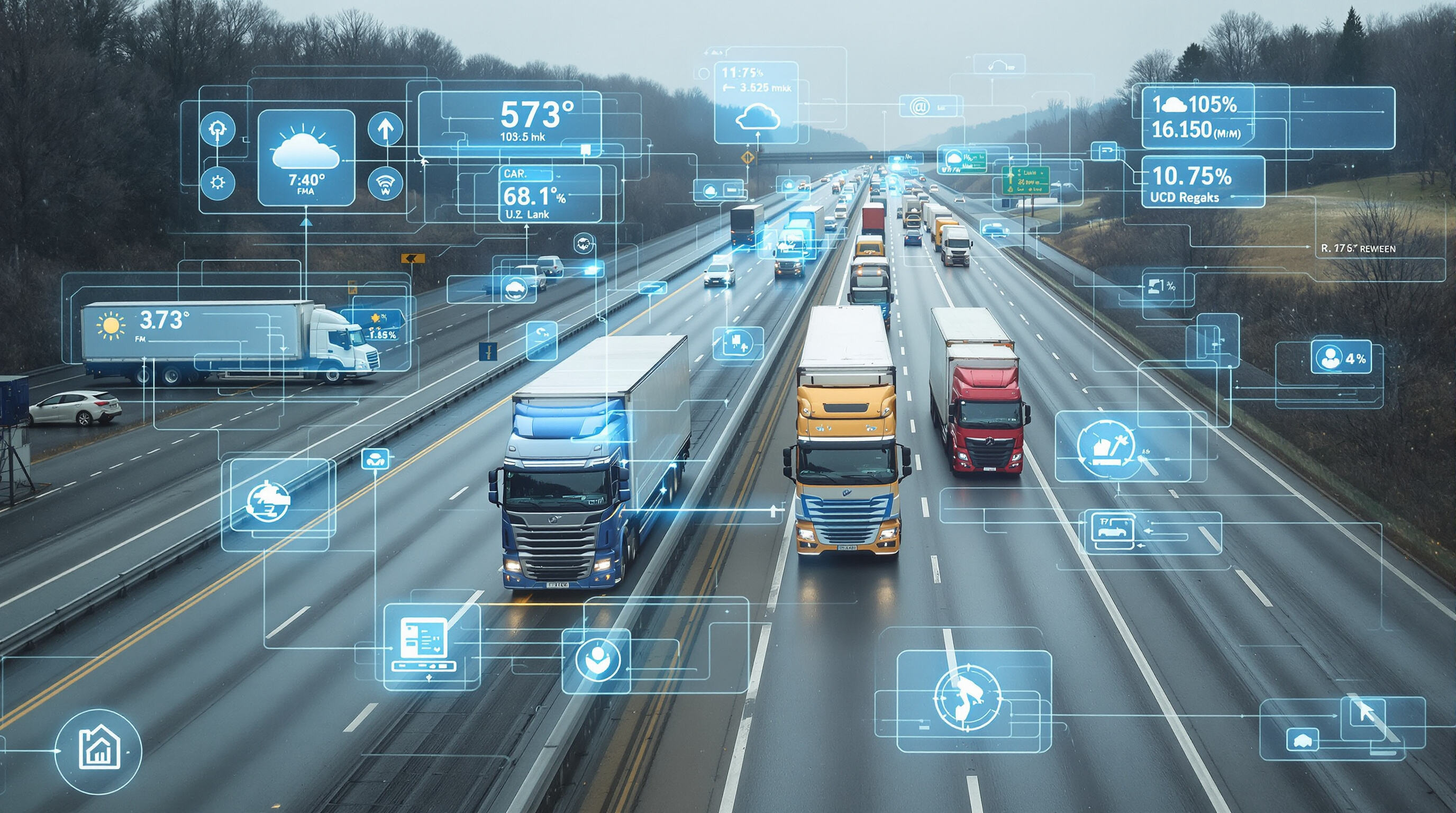 Cargo trucks on a highway with visualized route optimization through traffic and weather analytics overlays