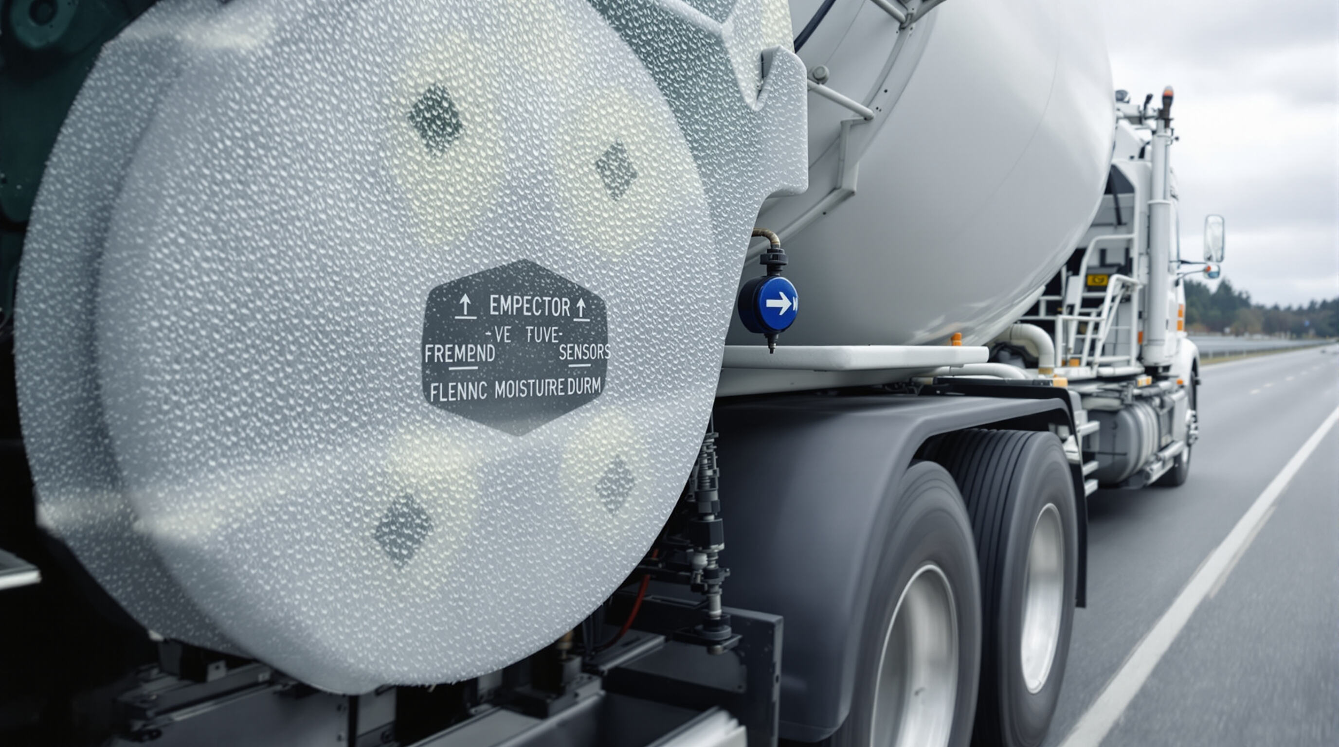Concrete mixer truck drum spinning on the road with insulation and sensors visible