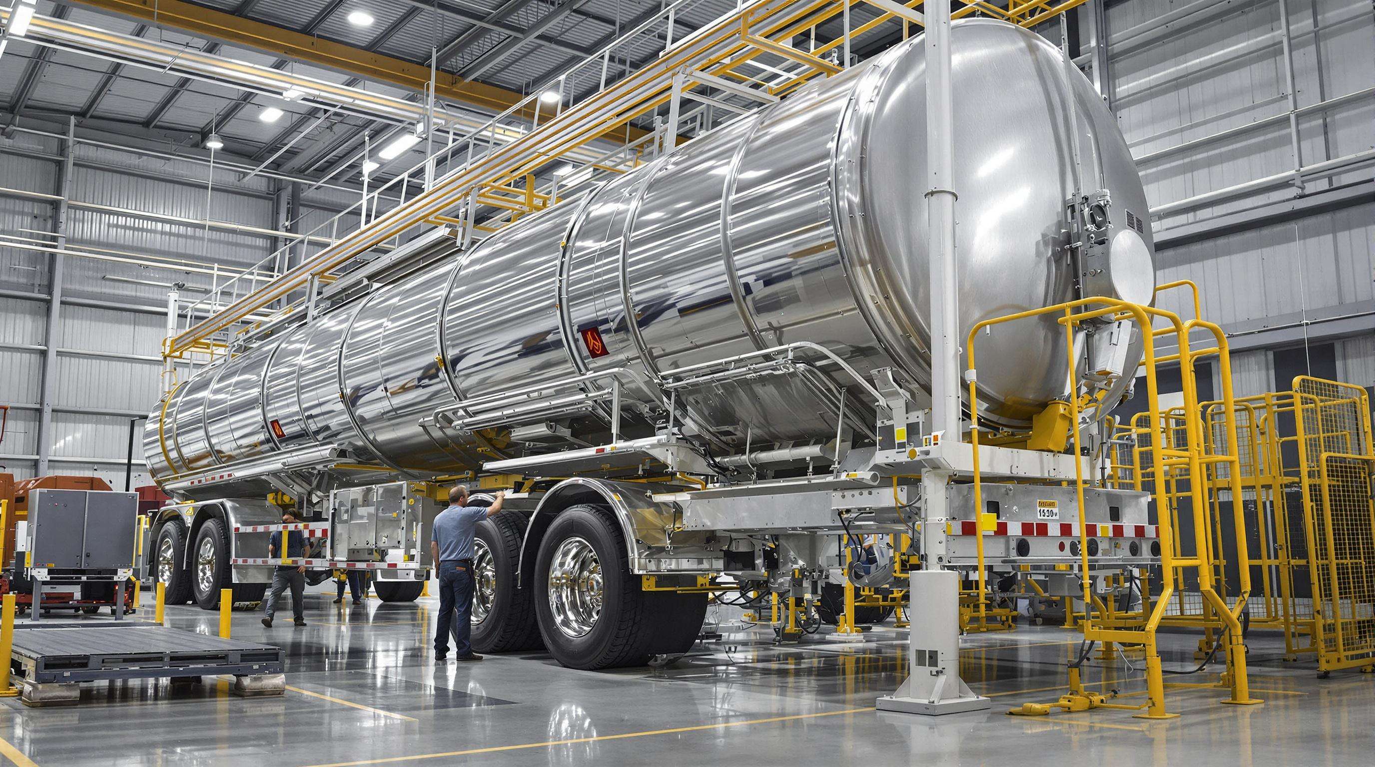 Technicians examining a modern oil tank truck's reinforced steel and aluminum construction in an industrial testing environment