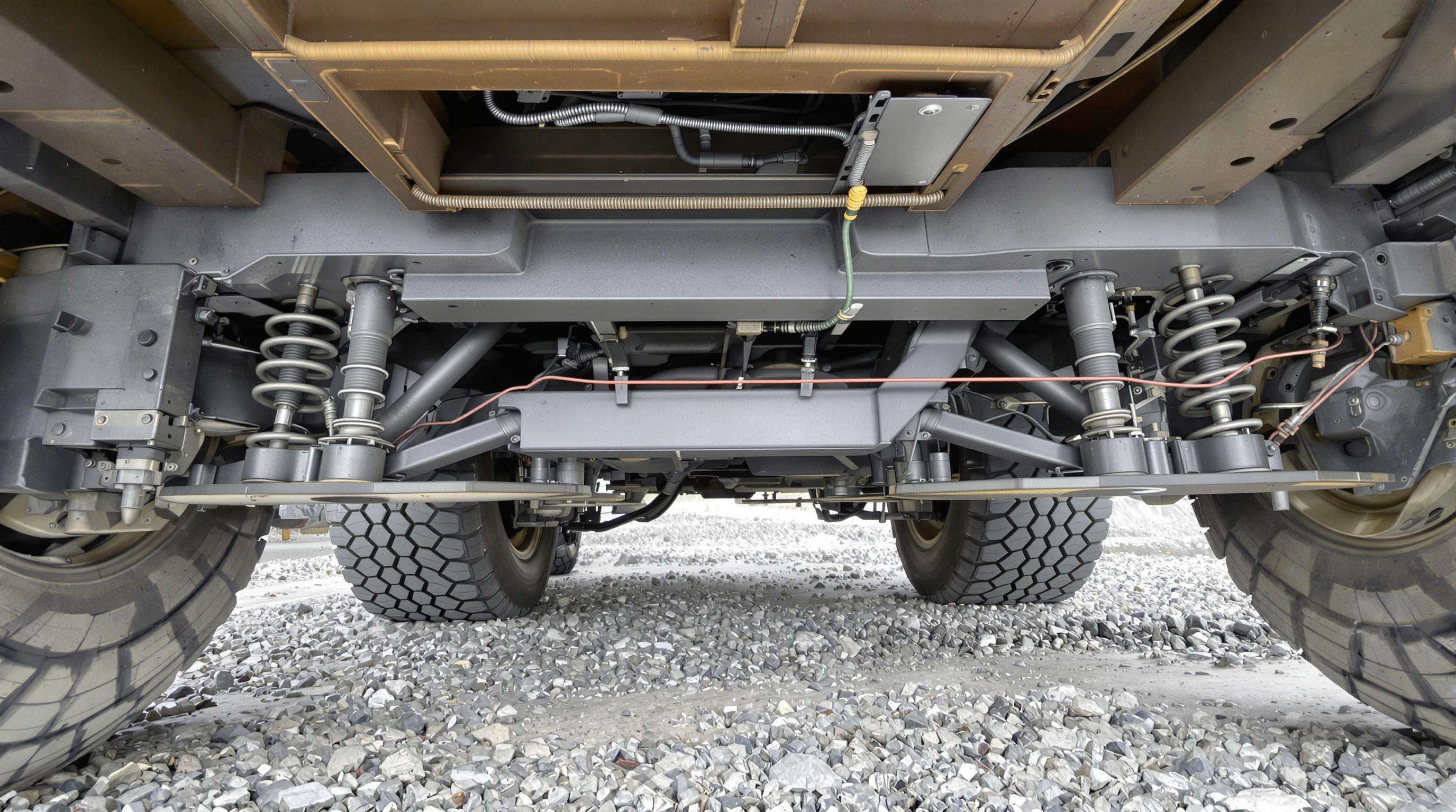 Close-up view of a reinforced Howo 6x4 chassis and suspension system on rocky mining terrain, highlighting its durability features.