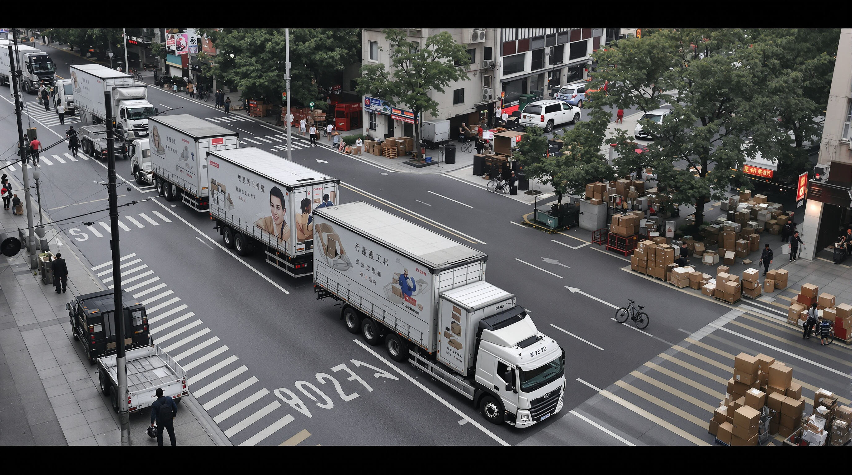 Fleet of light duty trucks making deliveries in a crowded city street