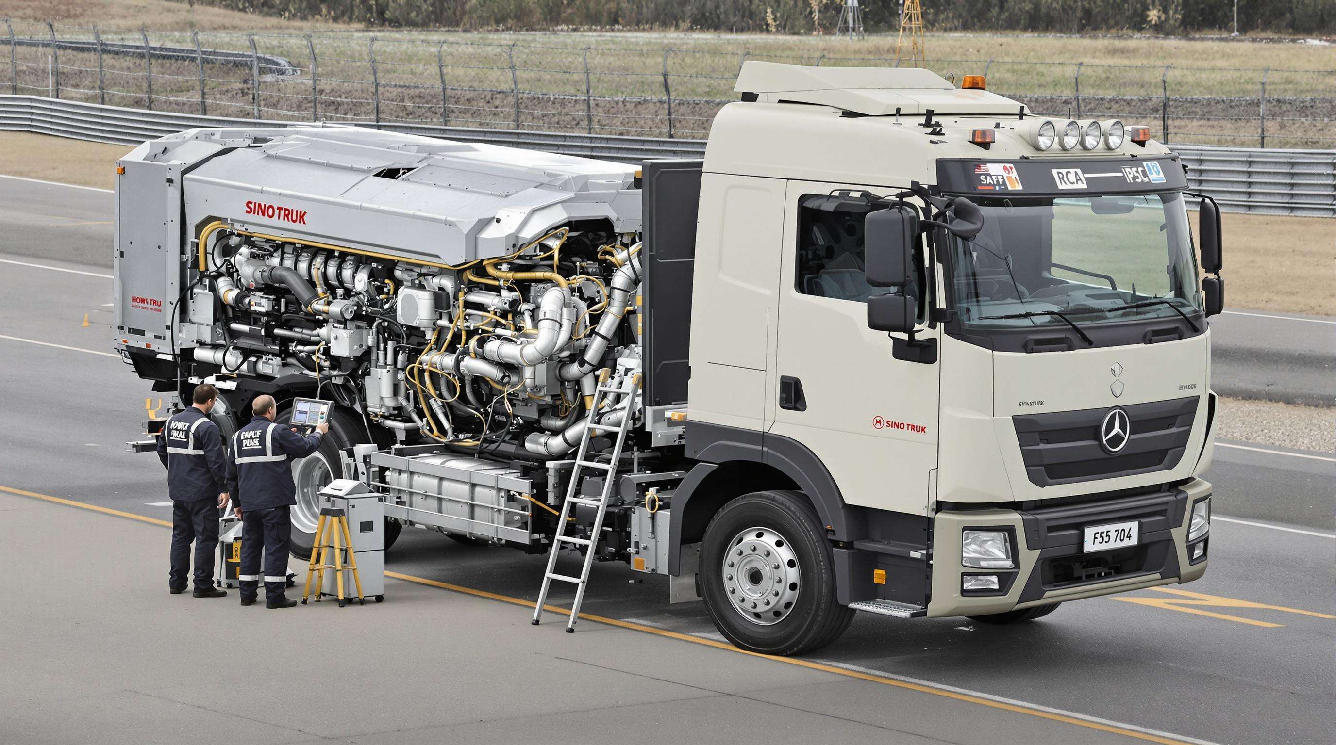 Engineers monitoring a Howo Sinotruk truck with visible engine components and diagnostic equipment on a test track