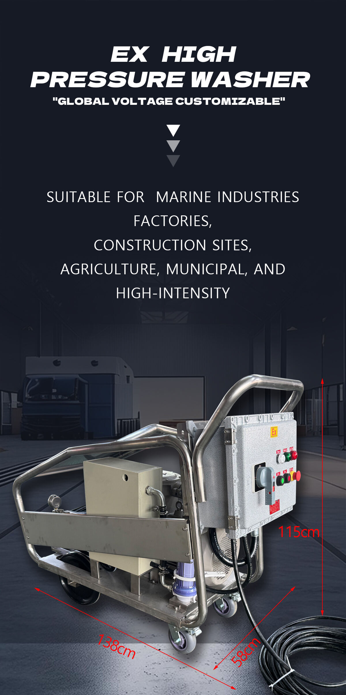 22KW 8700Psi 600Bar 18LPM 440V60Hz Industrial Ex High Pressure Washer Remove Rust Deburring Ship Deck Cleaning factory