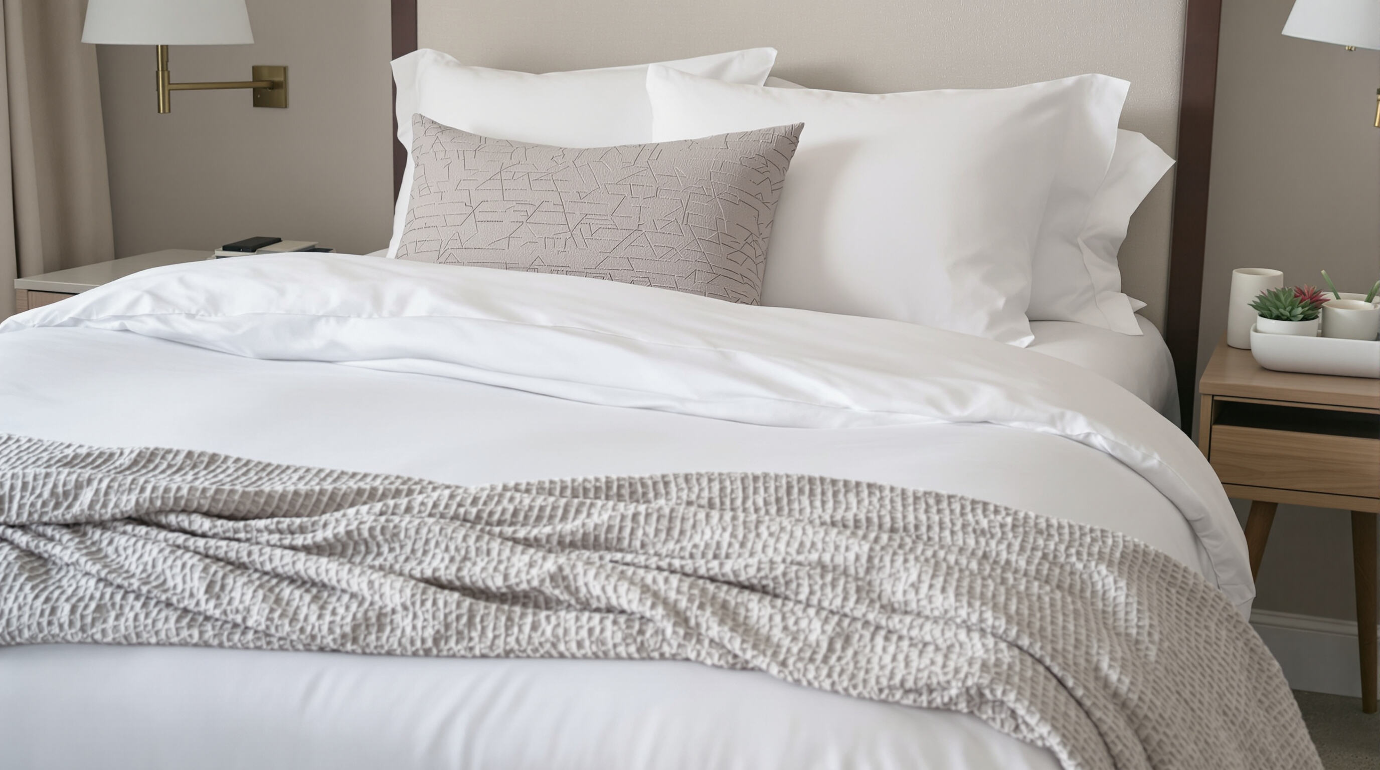 Photorealistic guest bed with artfully layered bedding and pillows in a muted, boutique hotel room