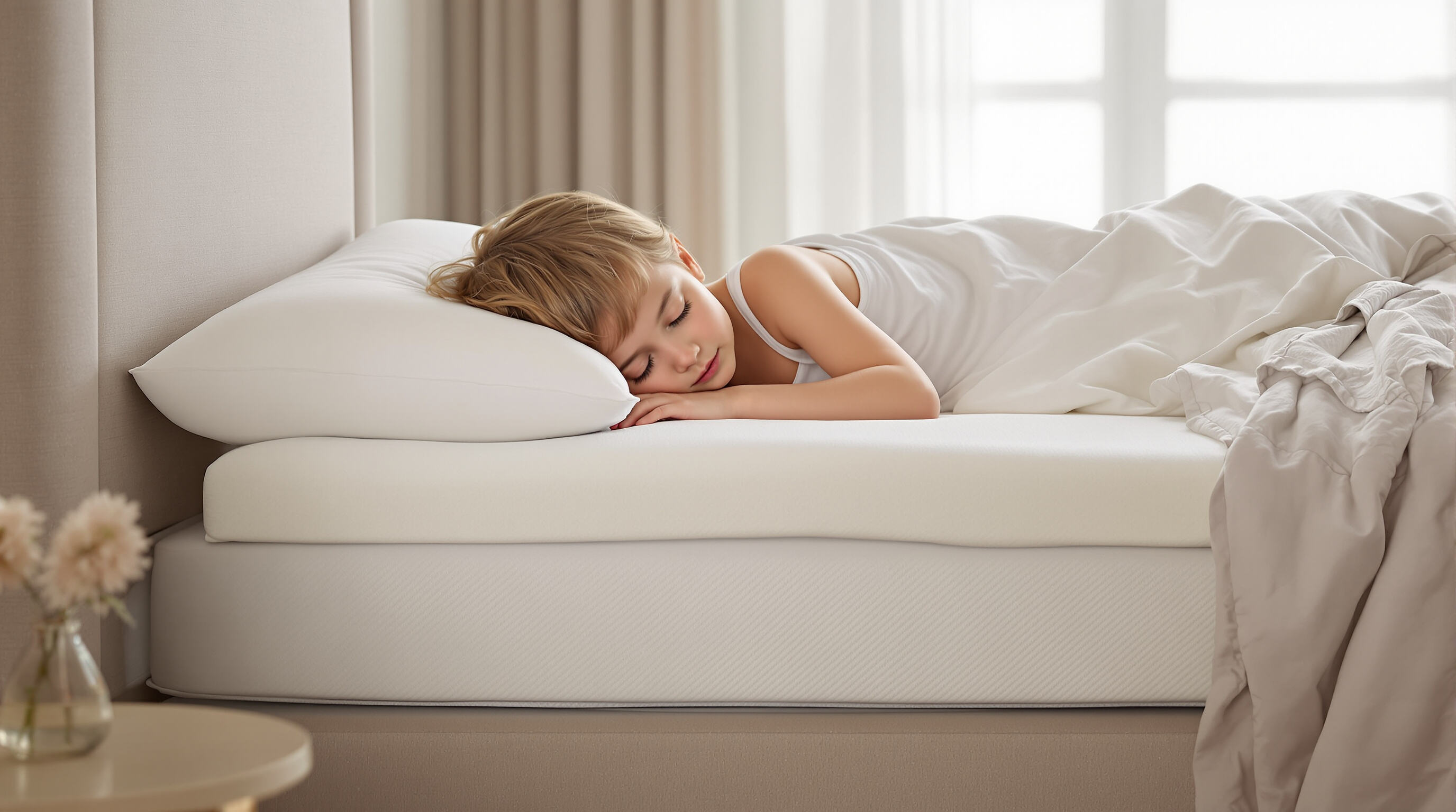 Young child sleeping on a supportive mattress and pillow with natural bedding in a softly lit bedroom