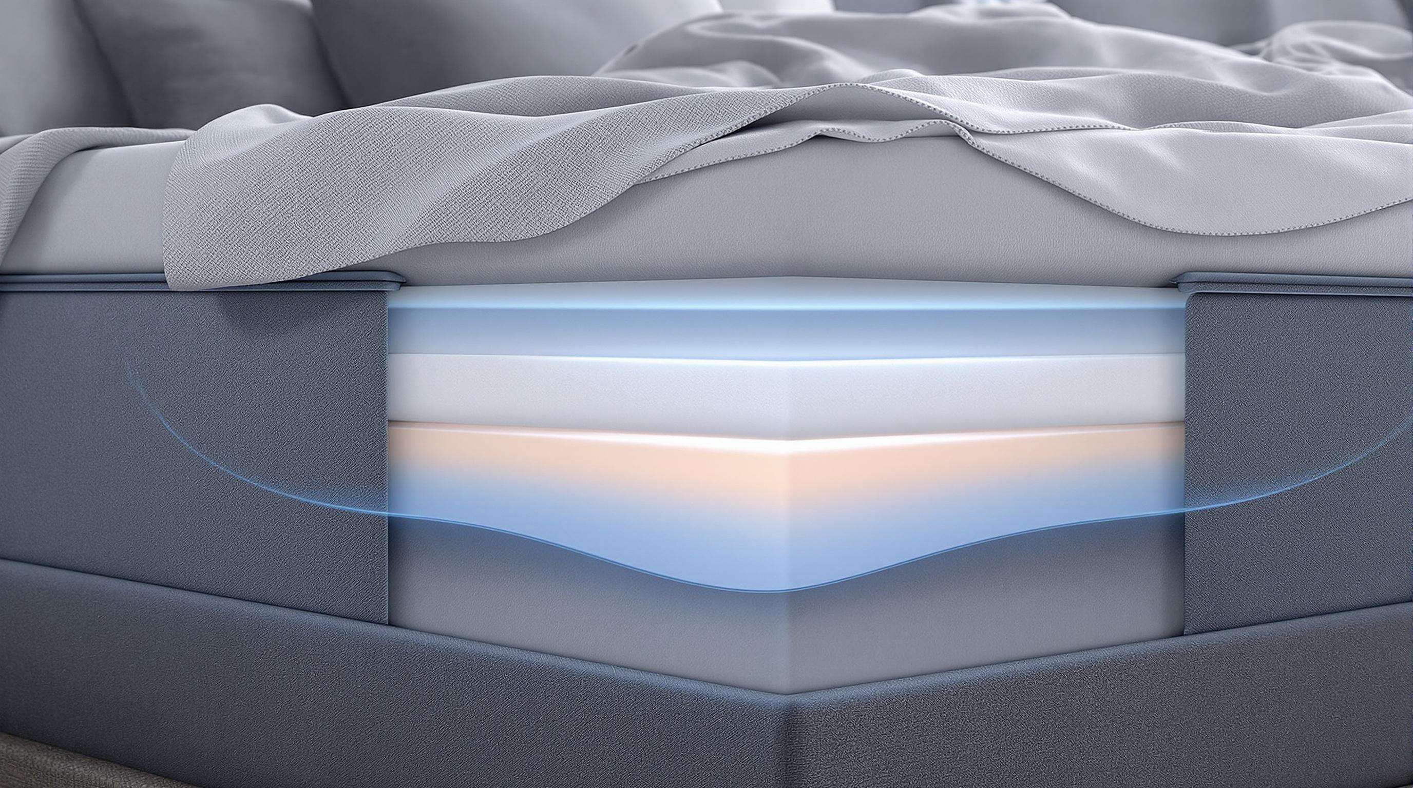 cross-section of a mattress illustrating cooling fabric layers and airflow features