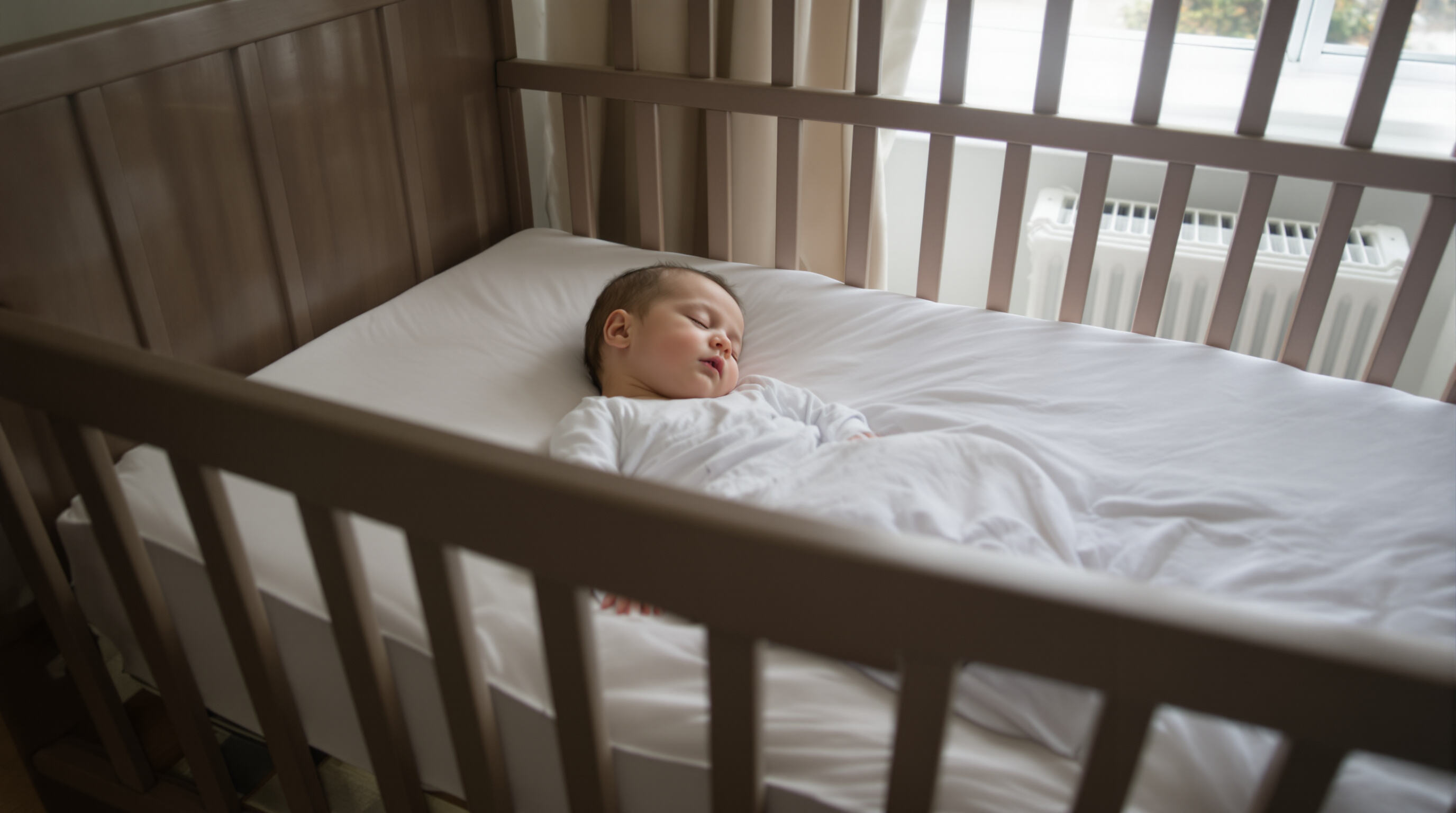 Infant safely sleeping in a crib with only a fitted sheet and no hazards in a naturally lit, uncluttered nursery