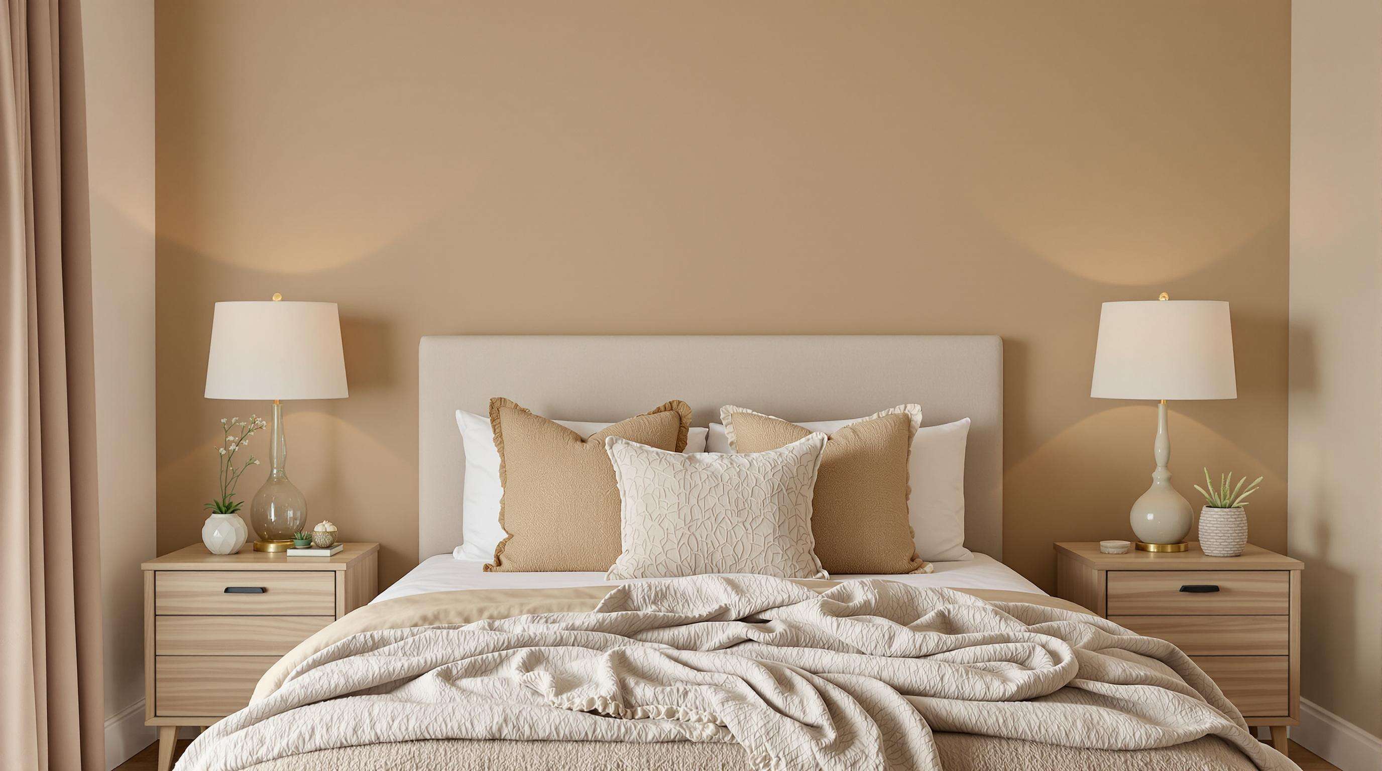 A bedroom decorated in earth tones and warm neutrals, with cozy bedding and natural wood accents