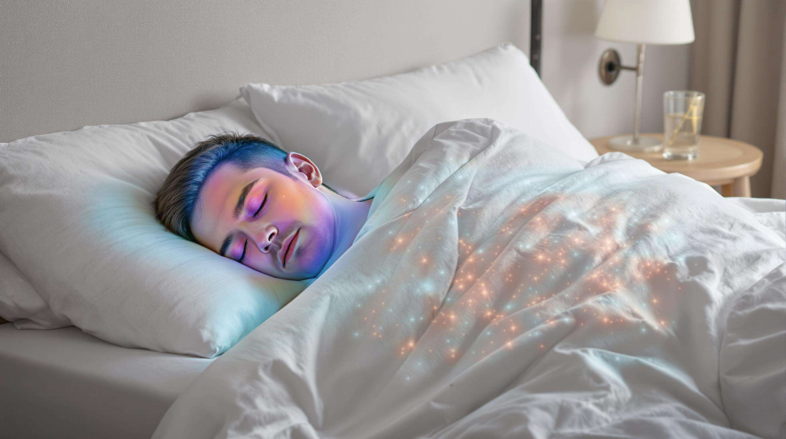 Person sleeping under linen bedding with thermal imaging indicating cooler areas around the body