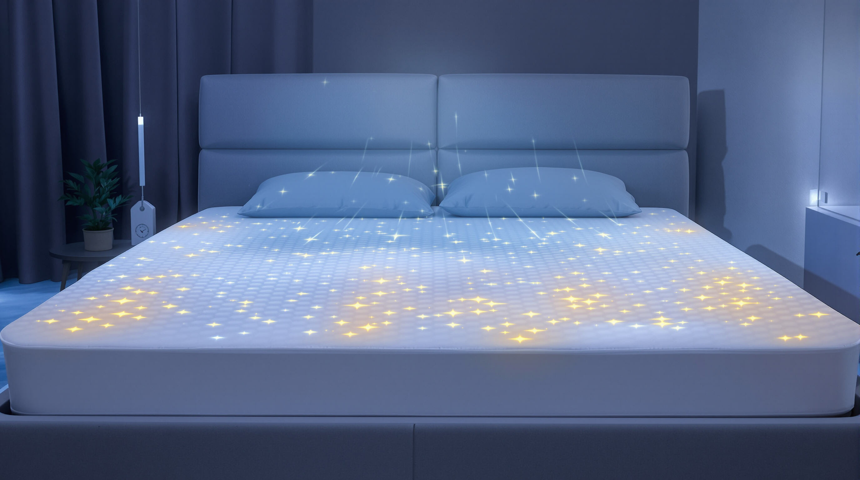 Photo of a bed with a cooling mattress pad in a softly lit bedroom, showing a restful sleeper and a sense of reduced heat.