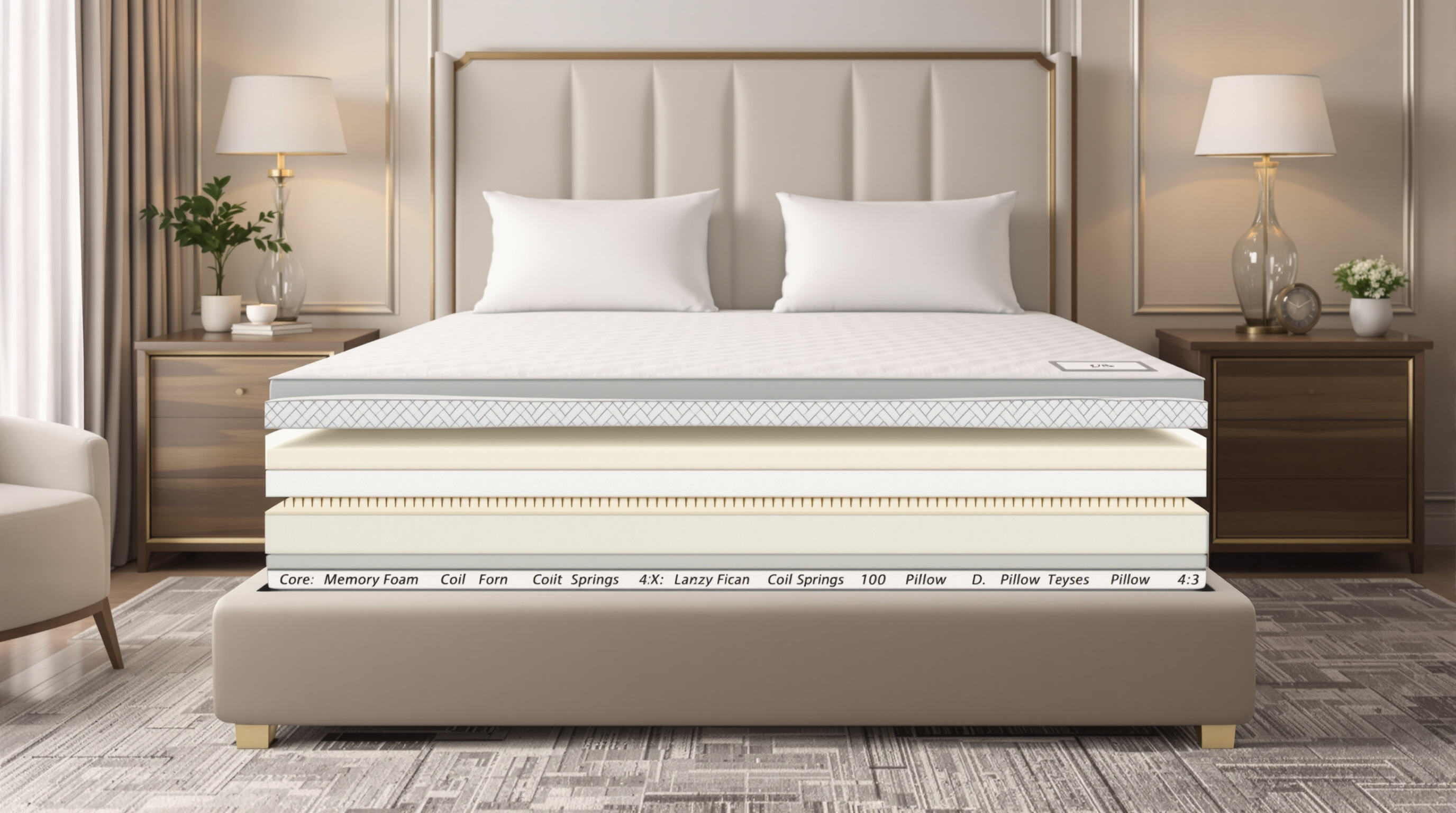 Photorealistic cross-section of a hotel-style bed showing multiple mattress layers in a muted, luxurious bedroom