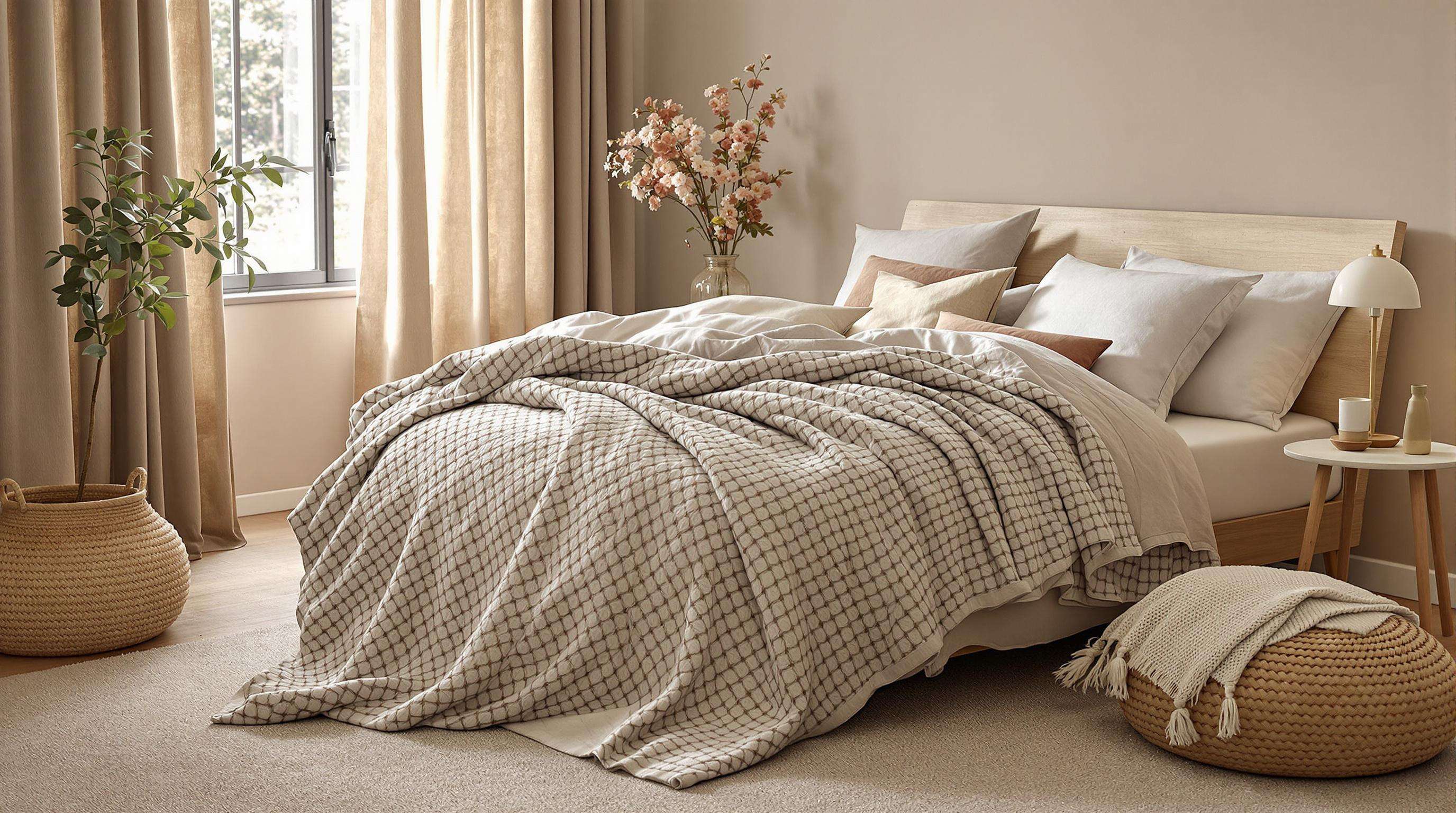 A calming bedroom with layered bedding, textured pillows, and a soft area rug in muted natural colors