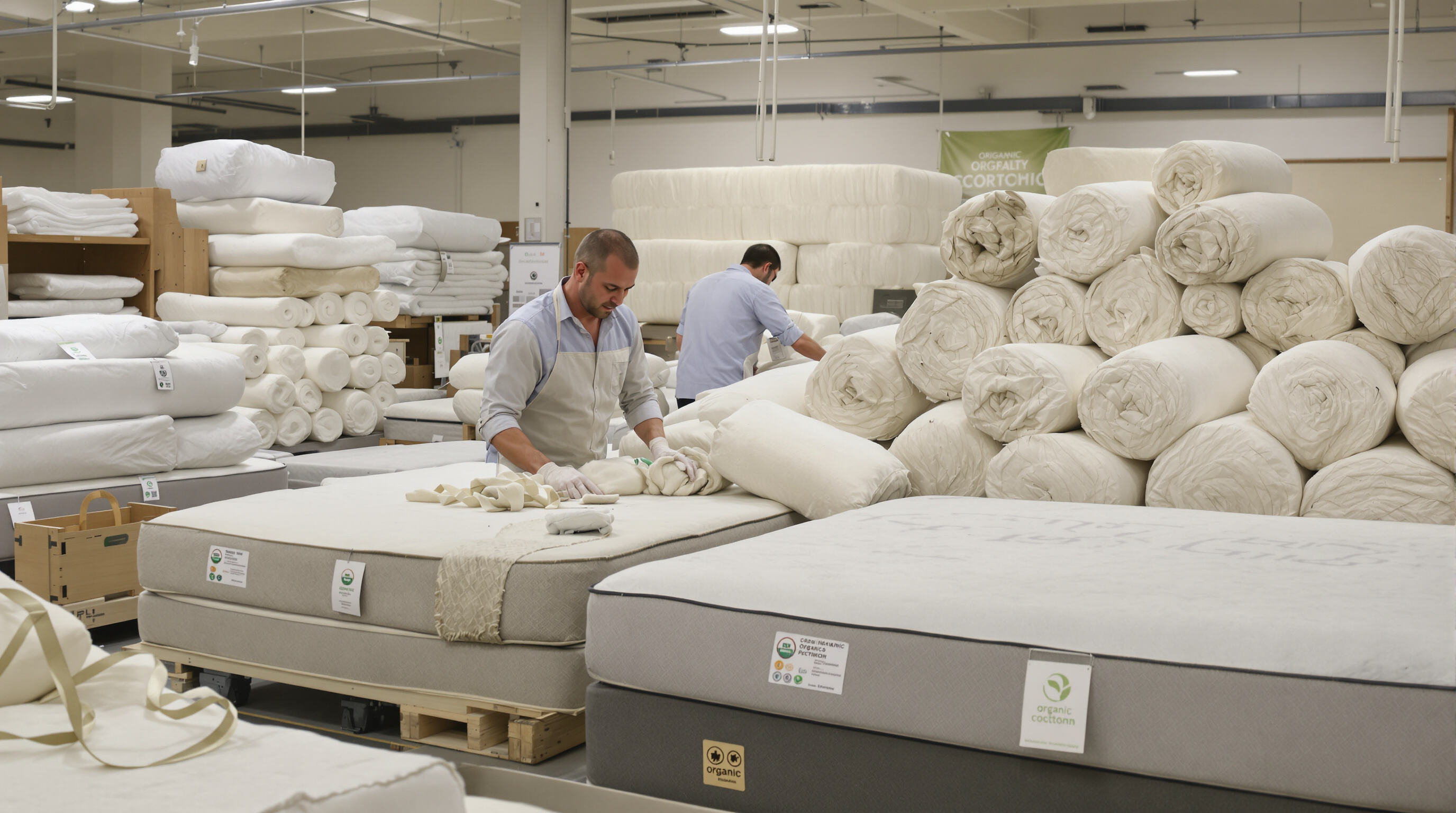 Workers in a bedding factory processing organic cotton and wool beside eco-friendly mattresses