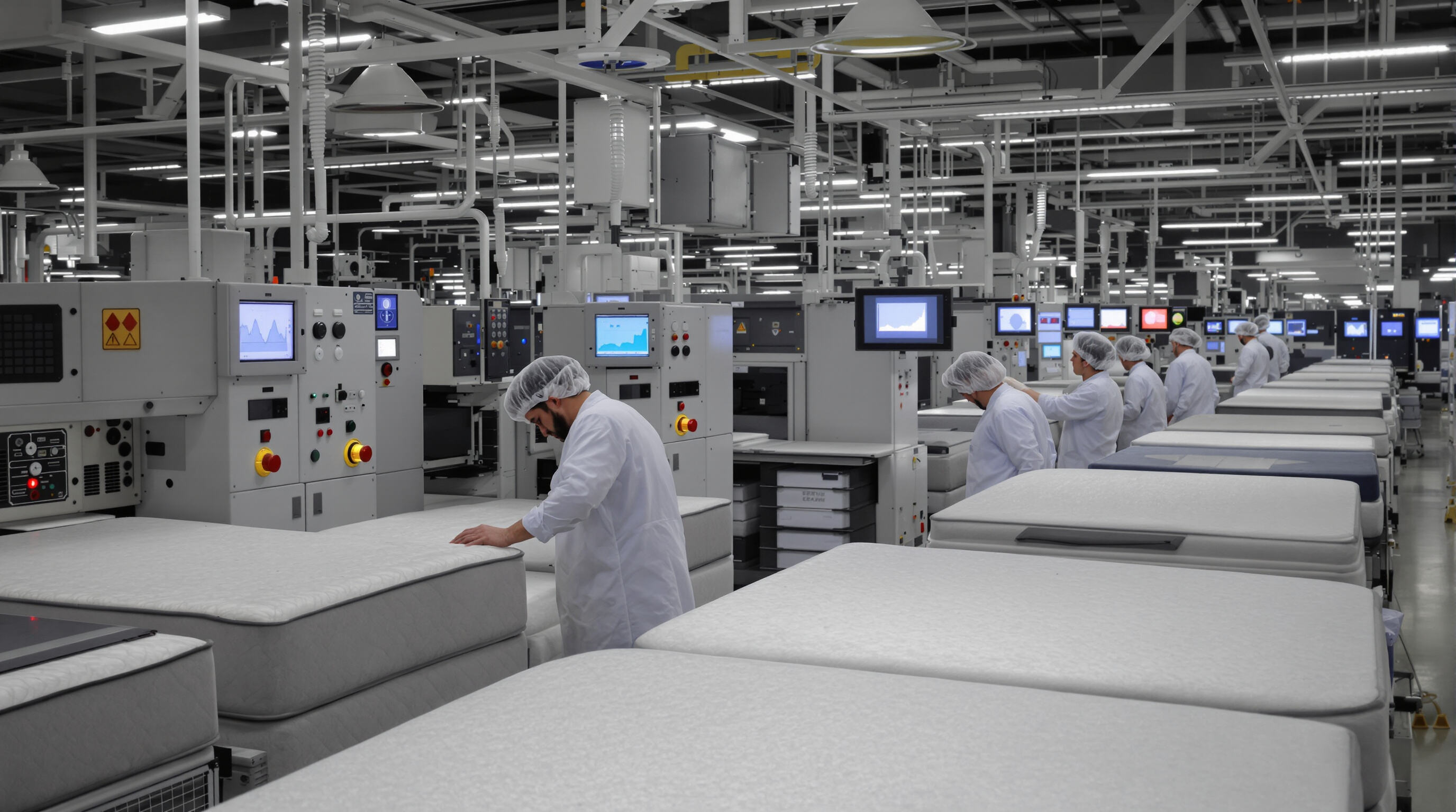 Quality inspectors examining mattresses on an organized bedding factory production line with digital quality control screens