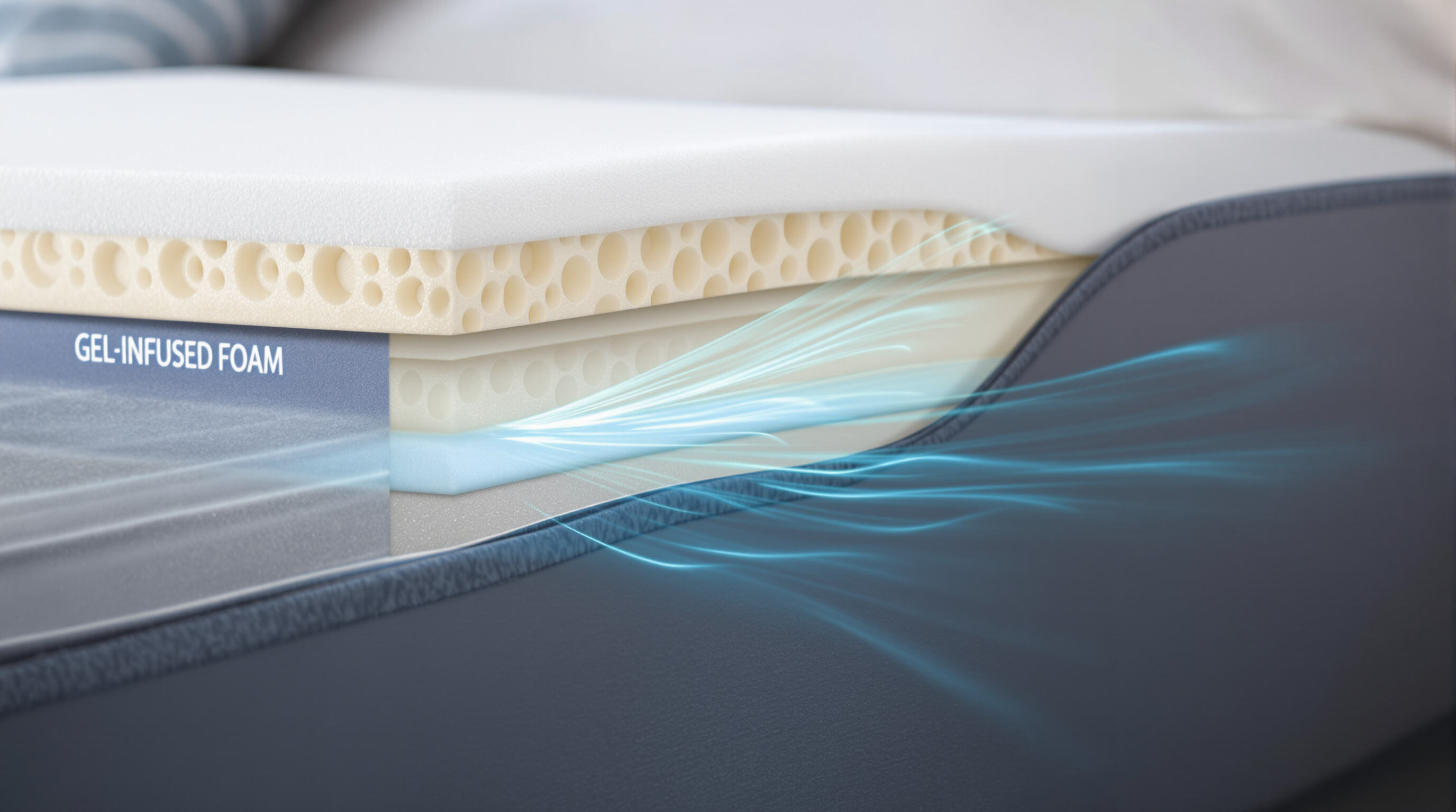 Layered mattress pad revealing cooling materials and airflow design for temperature regulation.