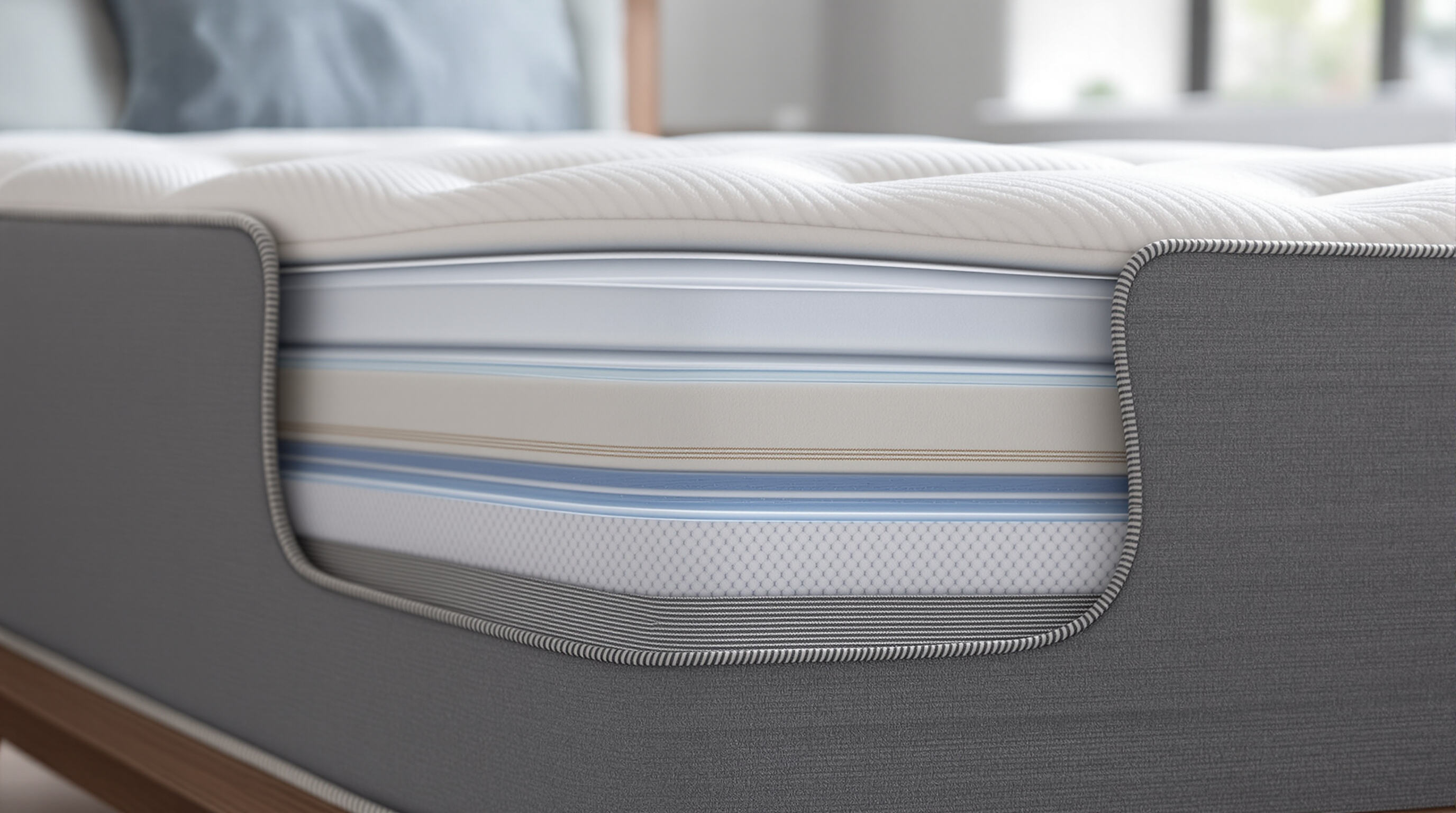 Cutaway view of a mattress showing protective layers, comfort materials, and reinforced stitching in muted tones
