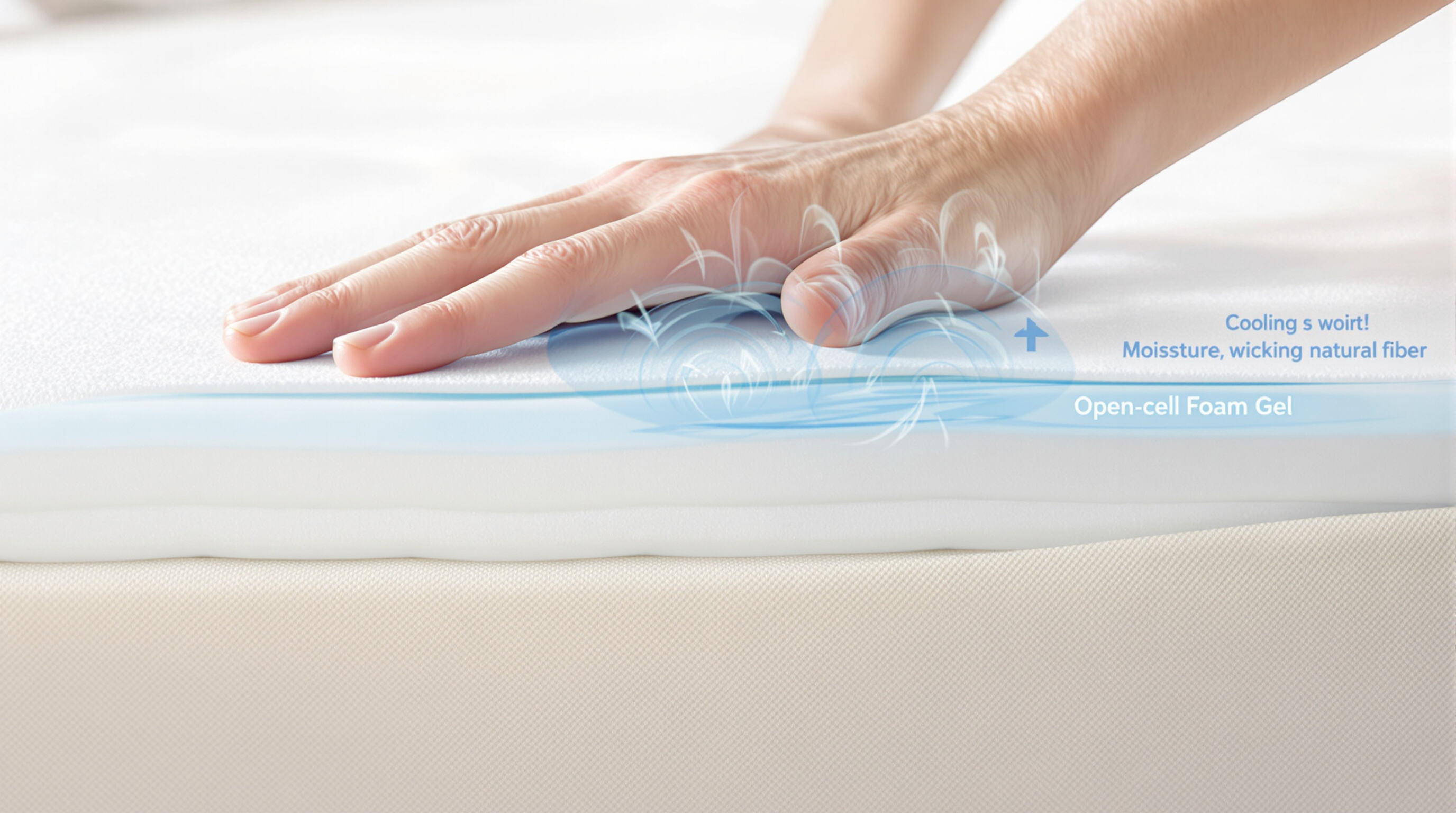 Hand pressing into a mattress topper featuring cooling gel and breathable foam with visible airflow and moisture-wicking cover