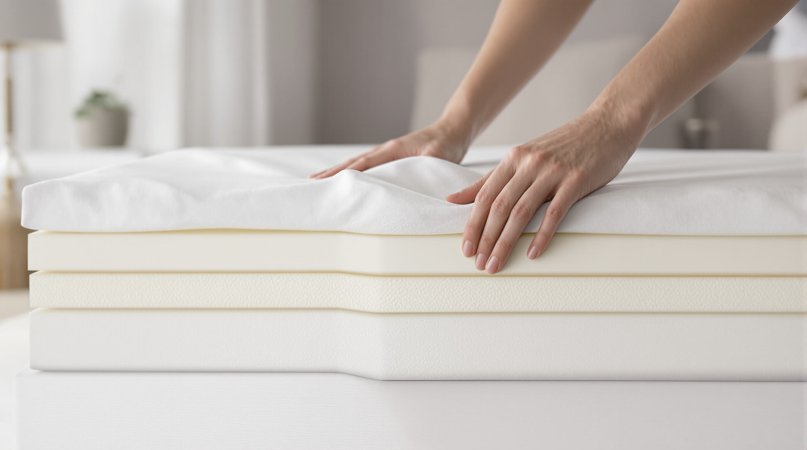 Photo showing hands layering a mattress pad with different materials onto a bed, emphasizing personalized comfort and support.