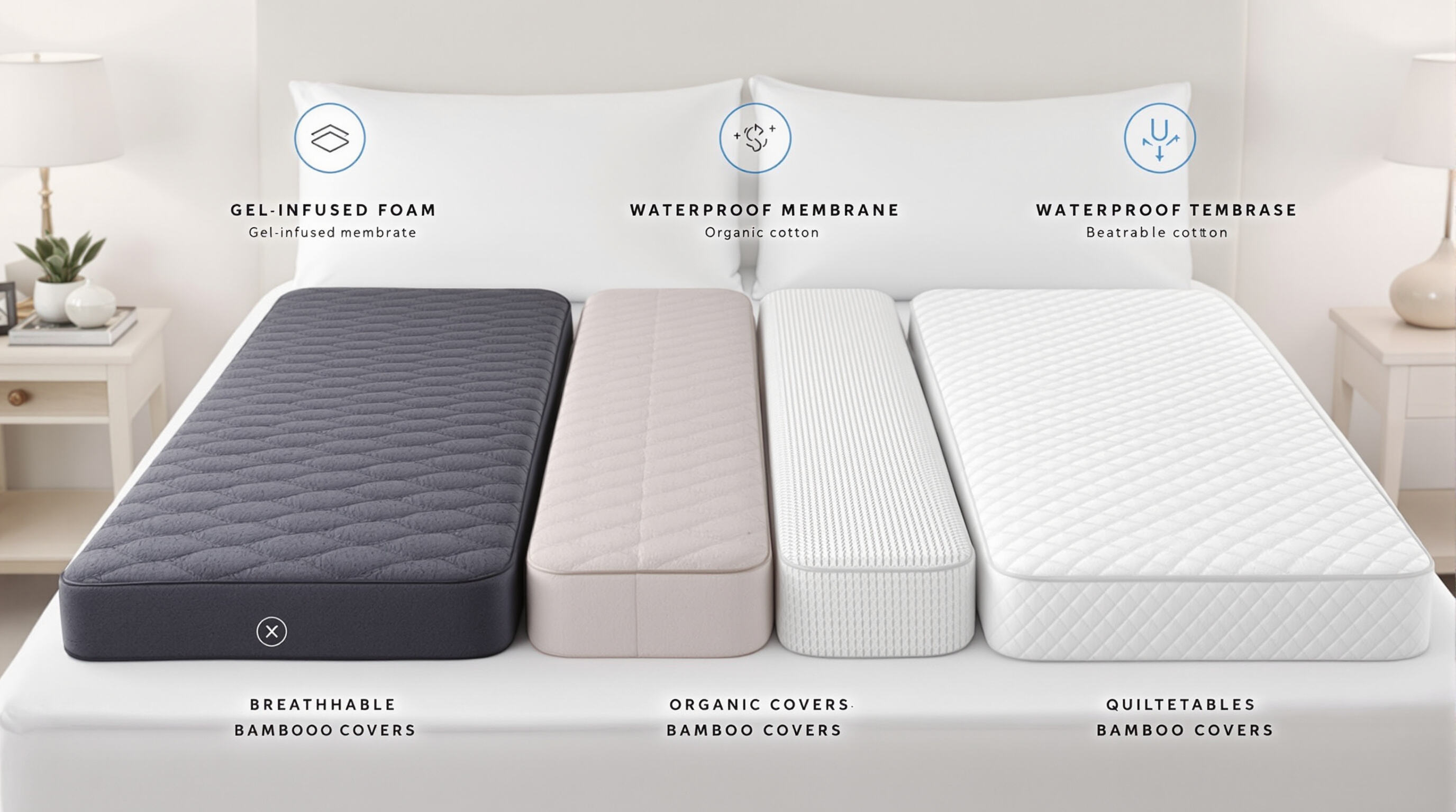 Variety of mattress pads illustrating differences in materials and features, displayed on a bed.