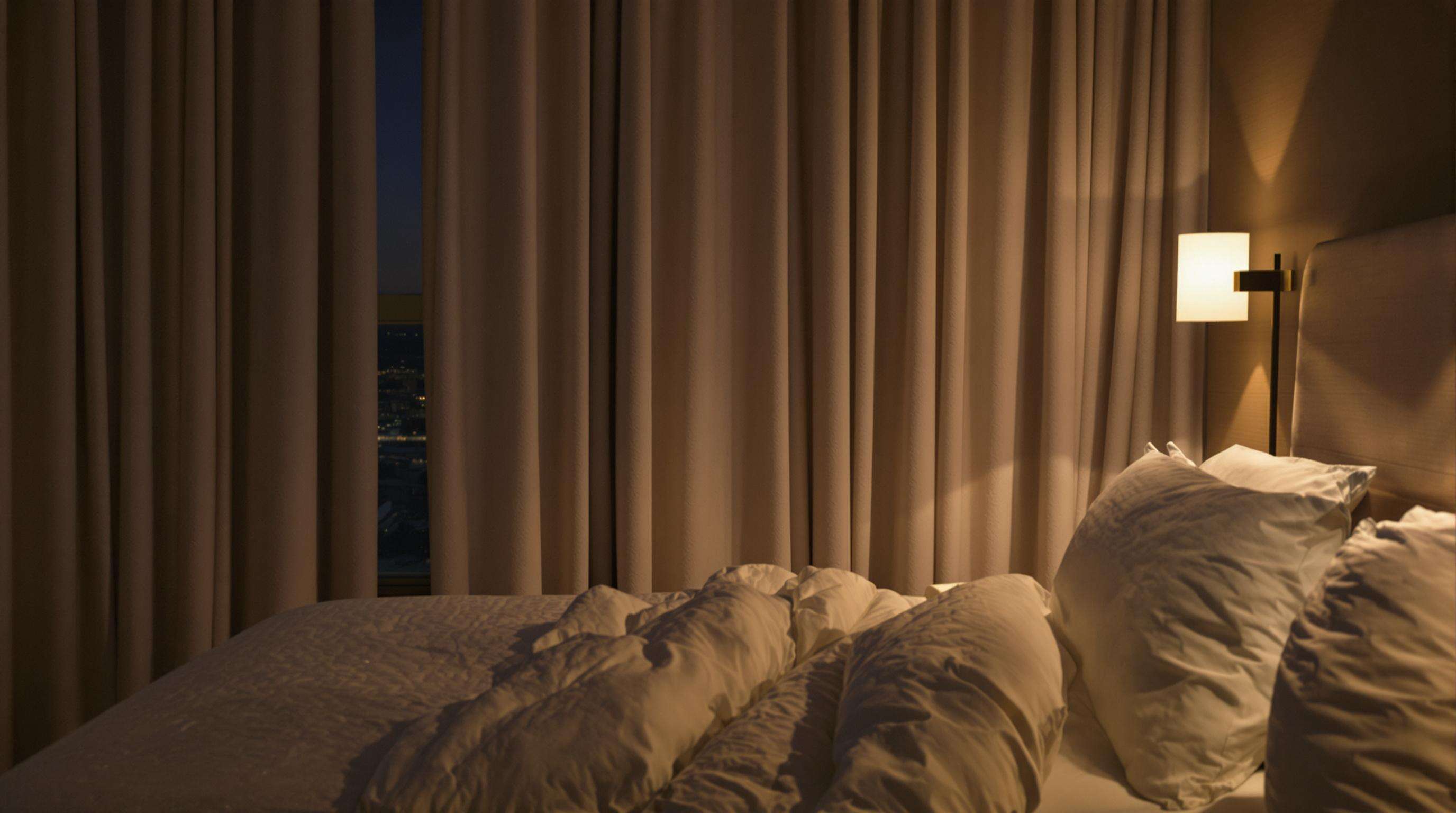 Peaceful bedroom at night featuring blackout curtains and quality bedding in a quiet, low-light setting.