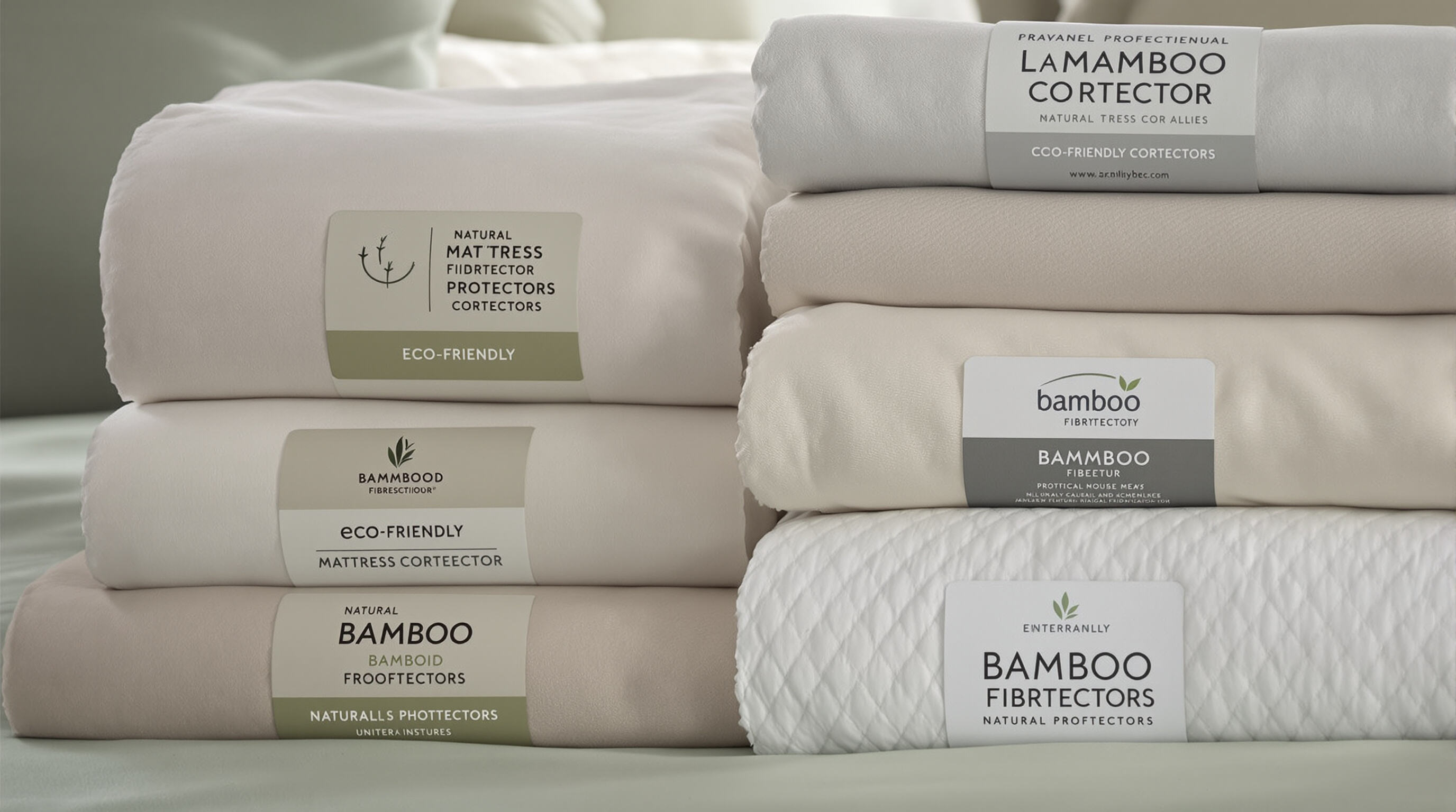 Stack of eco-friendly mattress protectors with bamboo and natural fiber textures in muted colors