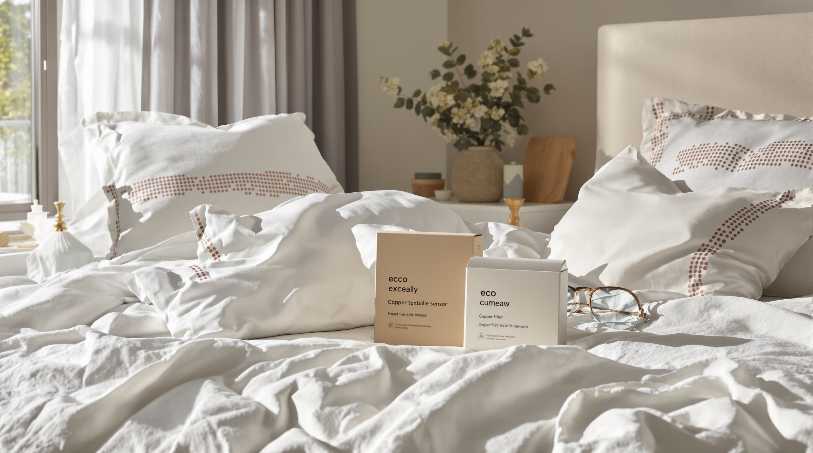 Modern bedroom with hypoallergenic bedding featuring smart sensors and eco-friendly materials