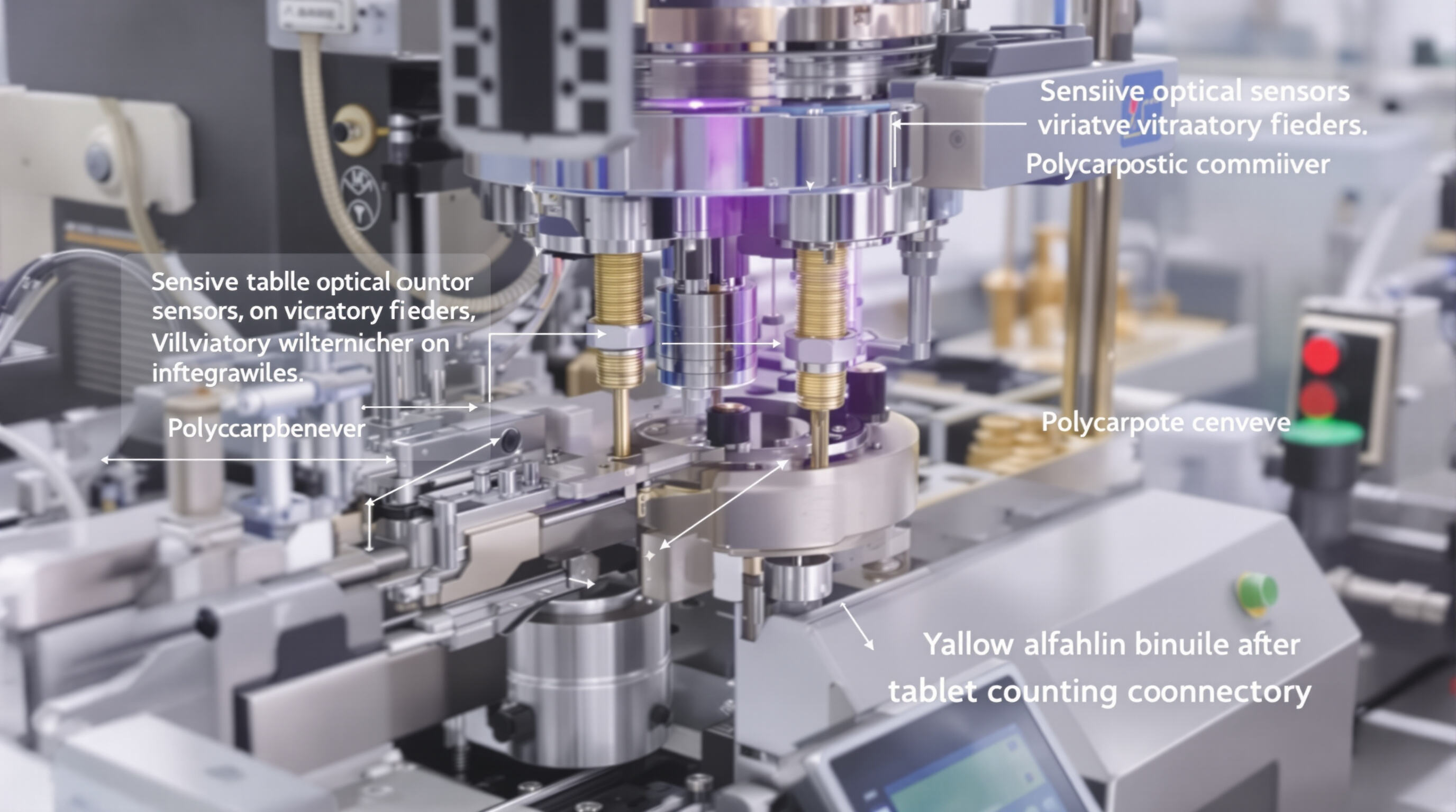 Detailed close-up of tablet counting machine optical sensors, vibratory feeder, and conveyor highlighting key performance features