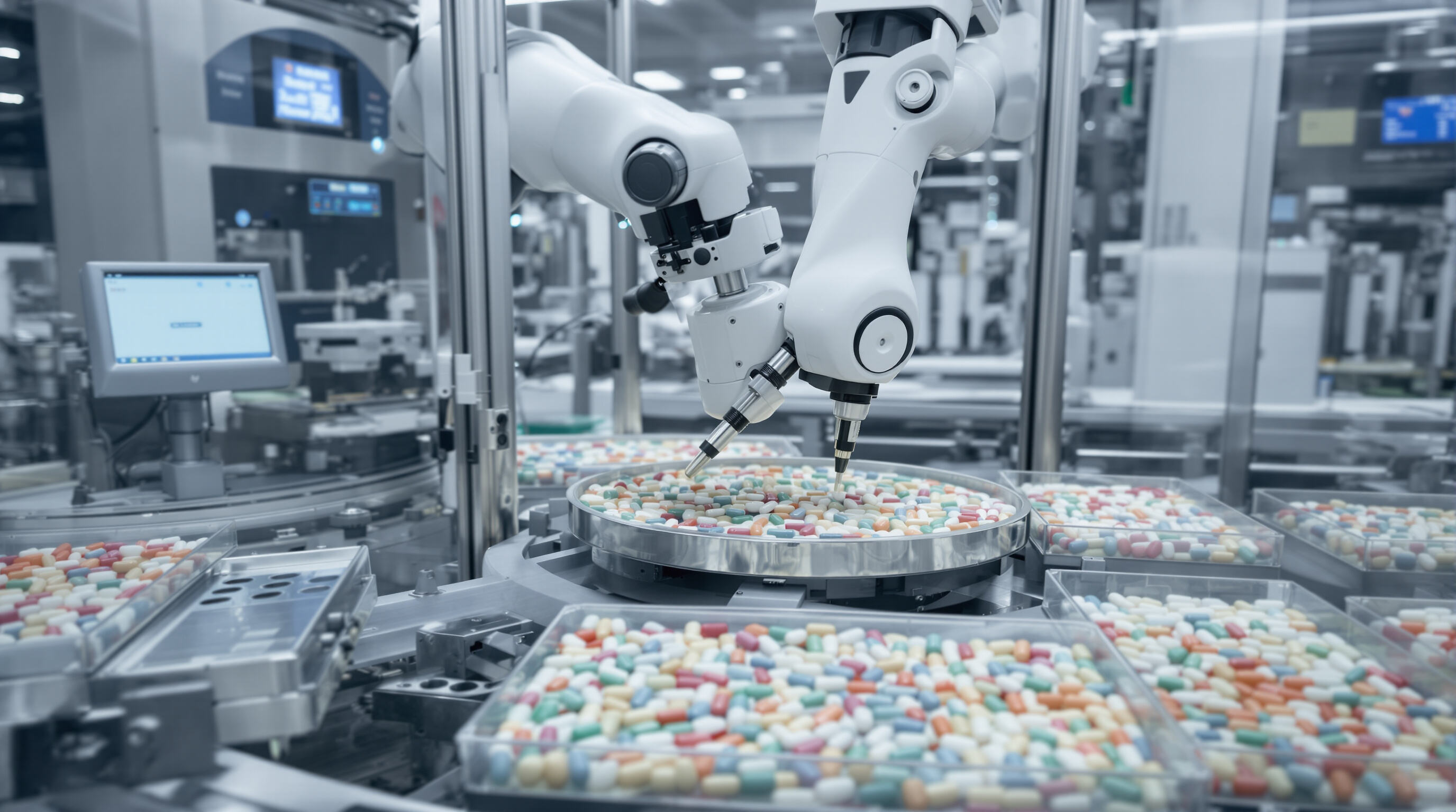 Robotic arm and AI capsule counter processing trays of capsules in an automated pharmacy workflow