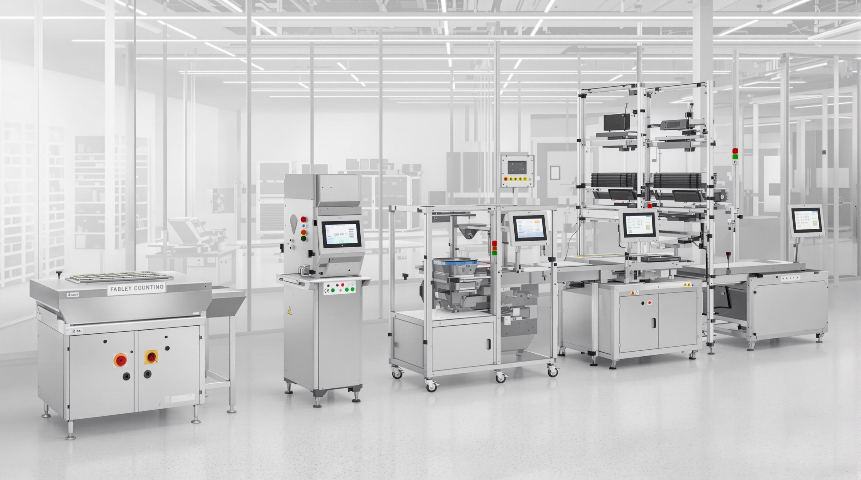 Progression of tablet counting machines from manual tray, through semi-automatic, to fully automated systems in an industrial setting