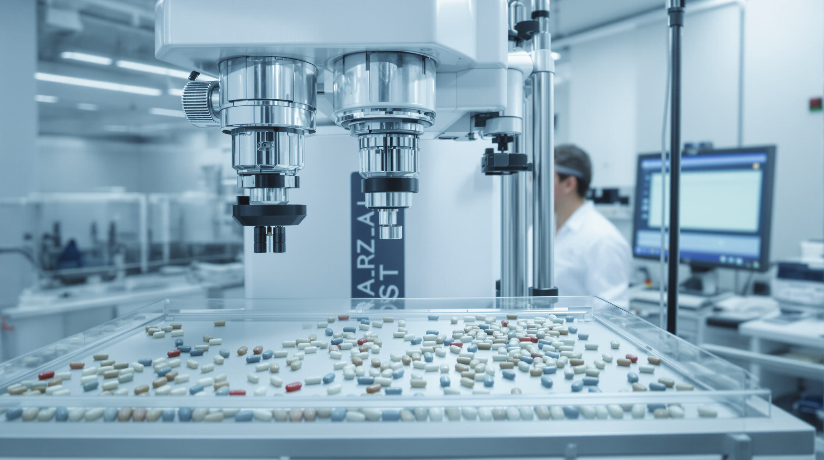 Pharmacy technician observing a capsule counting machine with visible sensors inspecting capsules on a tray