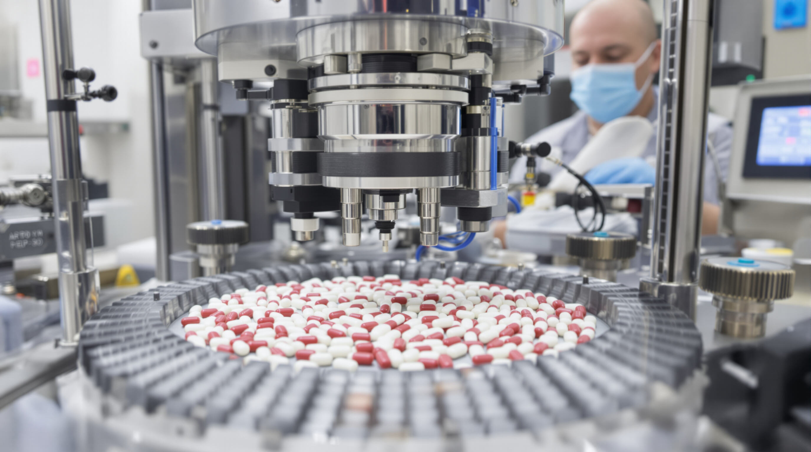 Automated capsule counting machine dispensing pills accurately while technician examines capsules