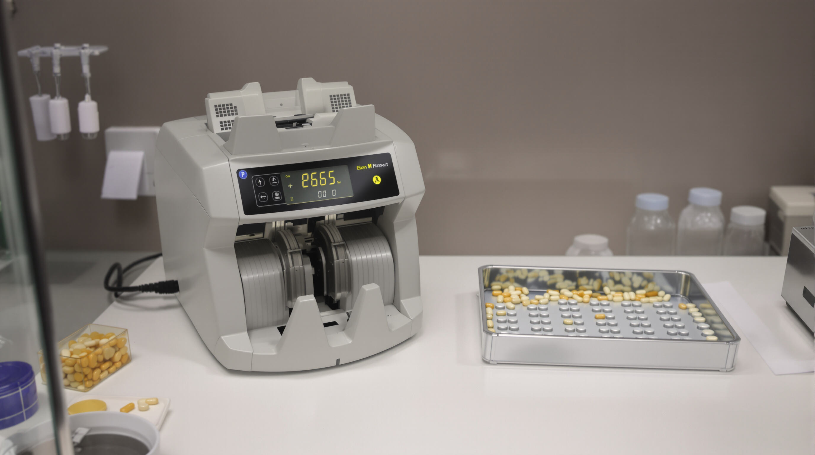 Pharmacy counter with capsule counting machine and technician manually counting pills