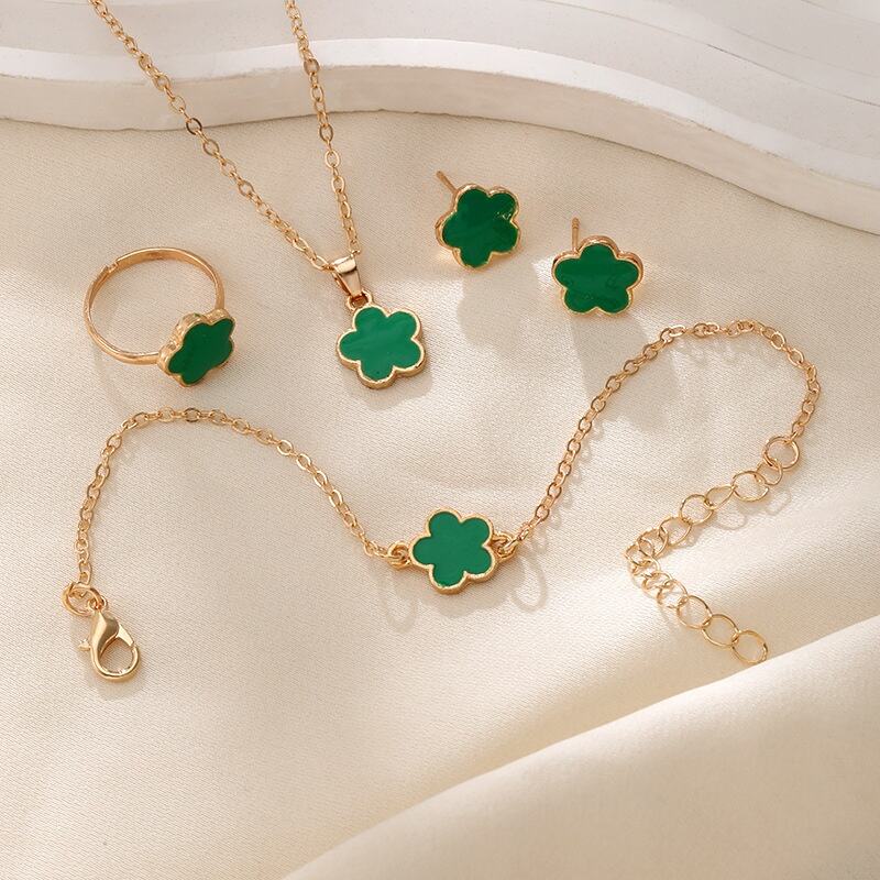Korean New 4-Piece Gold Plated Jewelry Set for Women Five-leaf Clover Petal Necklace Anniversaries Gifts Parties manufacture