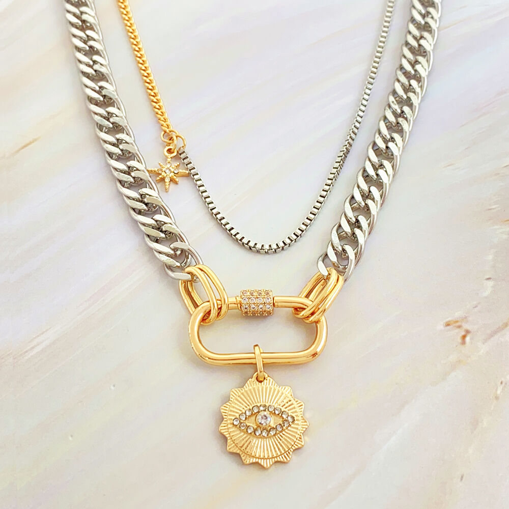 product charm necklace korean jewelry double layer chain crystal diamond pendant carabiner gold plated necklace for women-7
