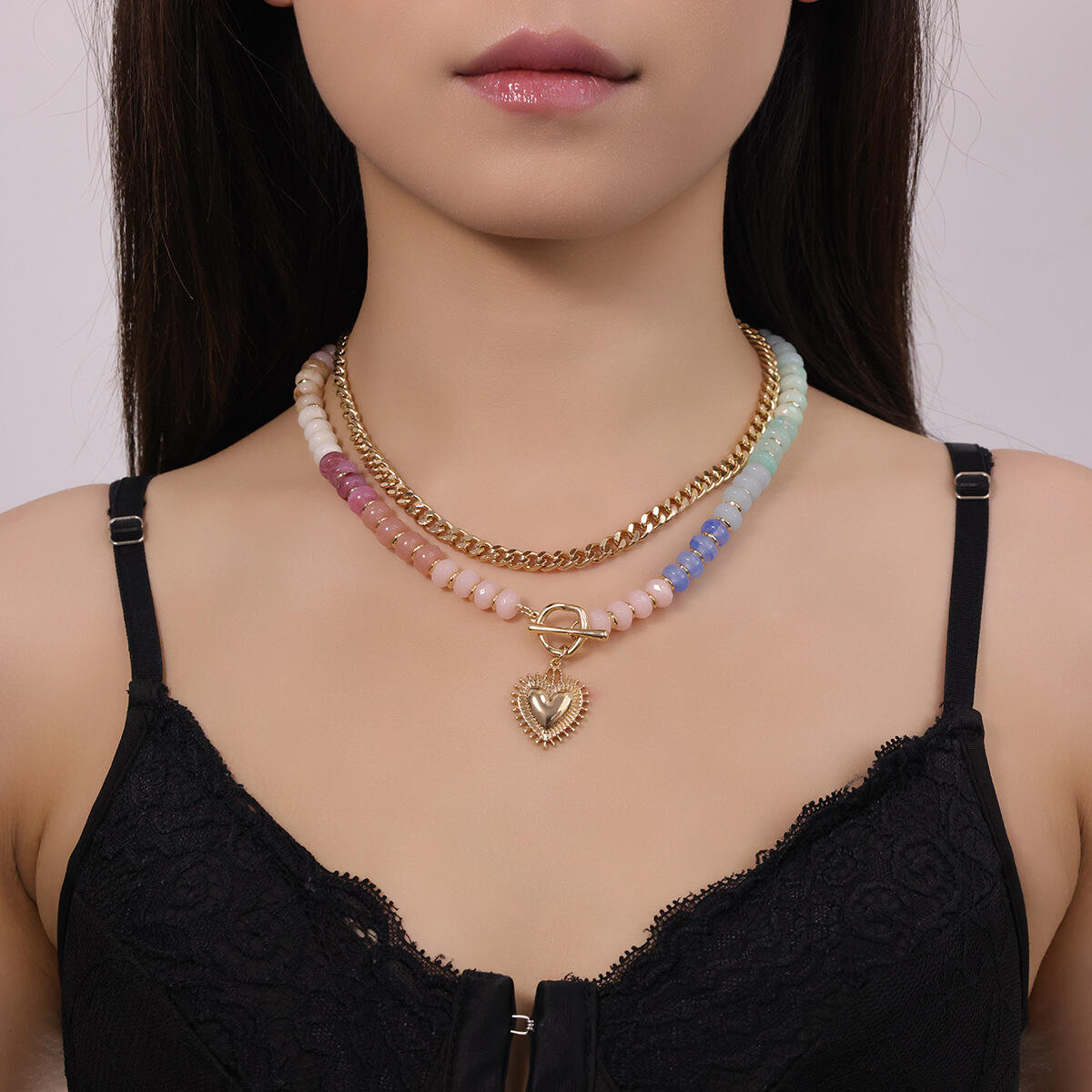 product ethnic style cross border womens necklace hot selling color beaded clavicle chain with niche stacked love heart pendant-7