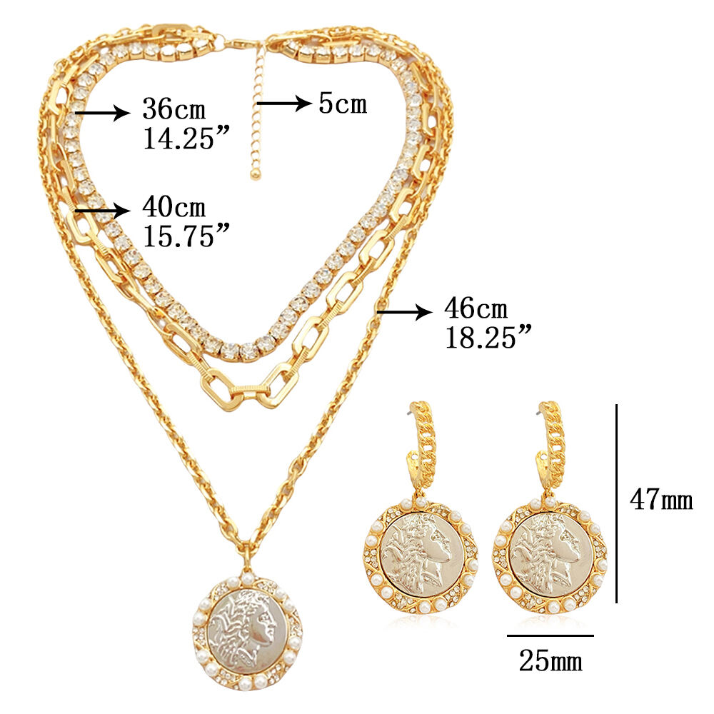 product hot selling customizable womens multi layer gold link chain pearl crystal necklace earring set featuring cameo pendant jewelry-1
