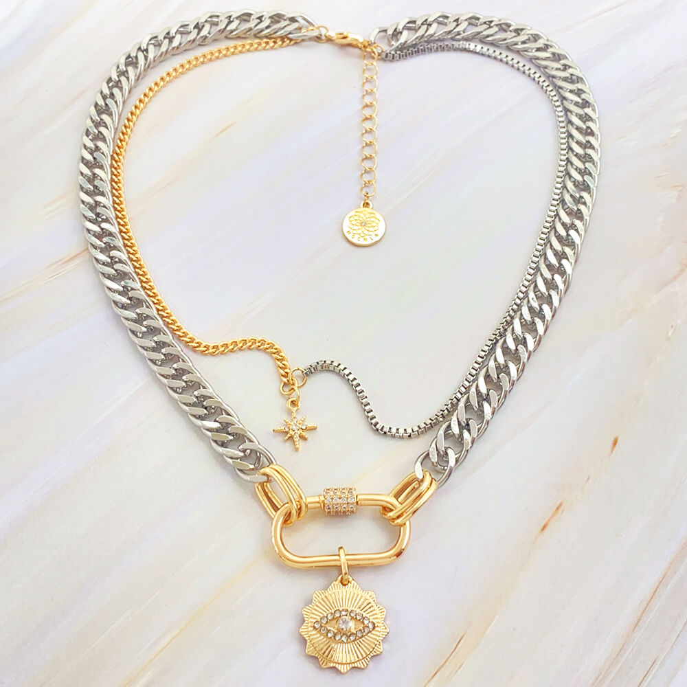 product charm necklace korean jewelry double layer chain crystal diamond pendant carabiner gold plated necklace for women-4