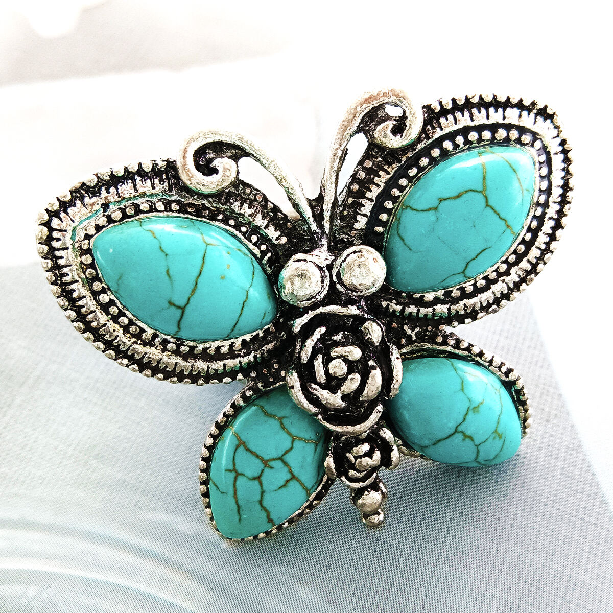 New Fashion Custom Vintage butterfly Geometric Shell Turquoise Natural Stone Elastic Ring for Women details