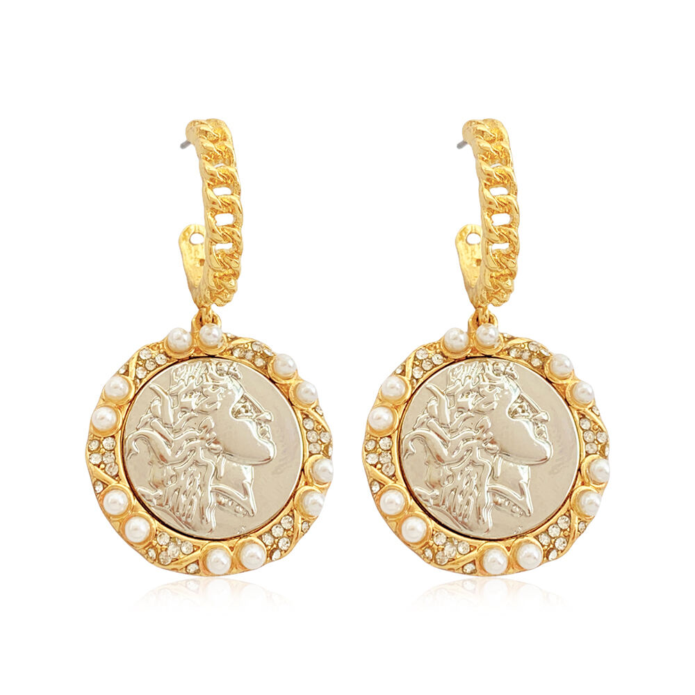 product hot selling customizable womens multi layer gold link chain pearl crystal necklace earring set featuring cameo pendant jewelry-3