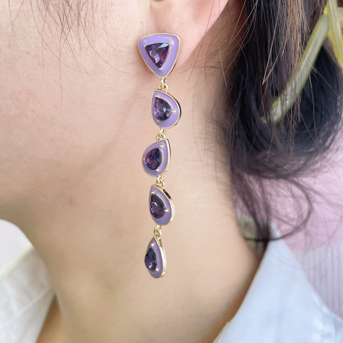 Korean Style New Fashion Purple Enamel Crystal Gold Plated Dangle Earrings for Women Classic Alloy & Zinc Material manufacture