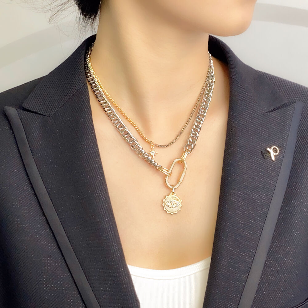 product wholesale fashion multilayer silver alloy pendant necklace with diamond eyes sun buckle for men women gold plated jewelry gift-4