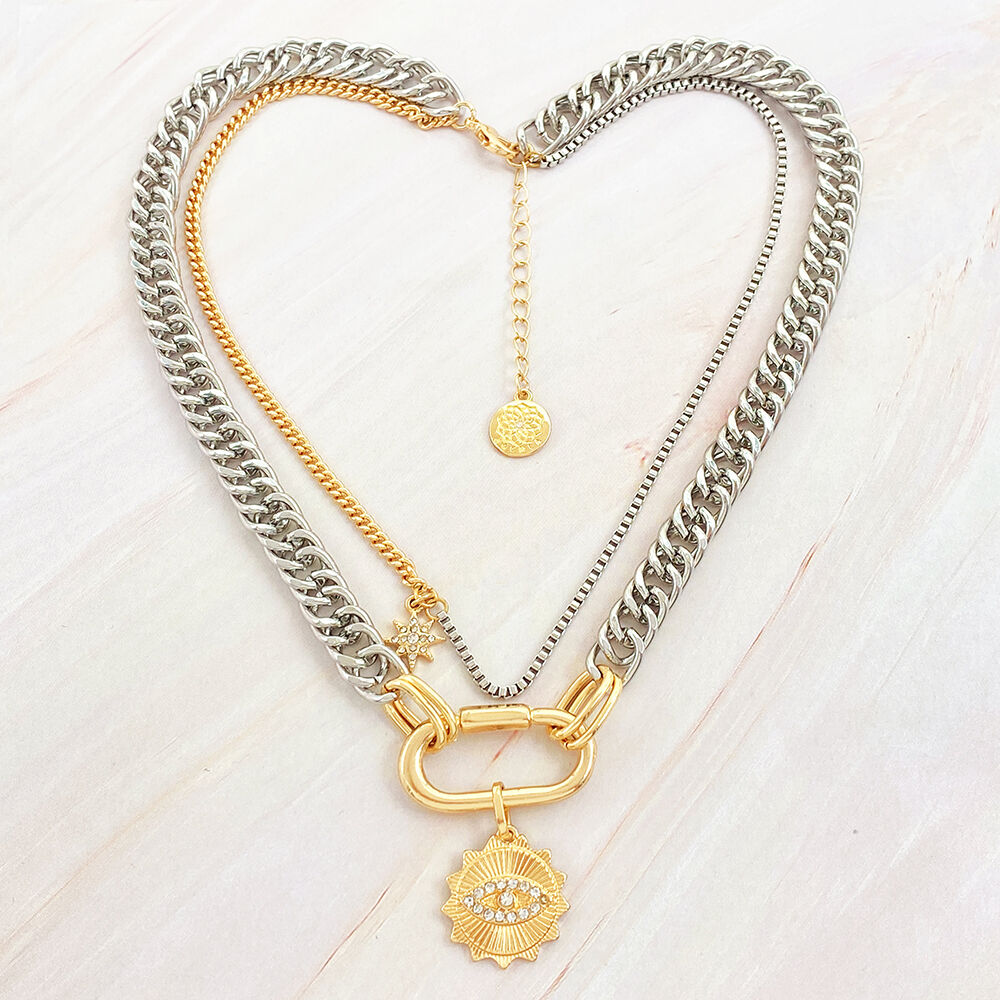 product wholesale fashion multilayer silver alloy pendant necklace with diamond eyes sun buckle for men women gold plated jewelry gift-1