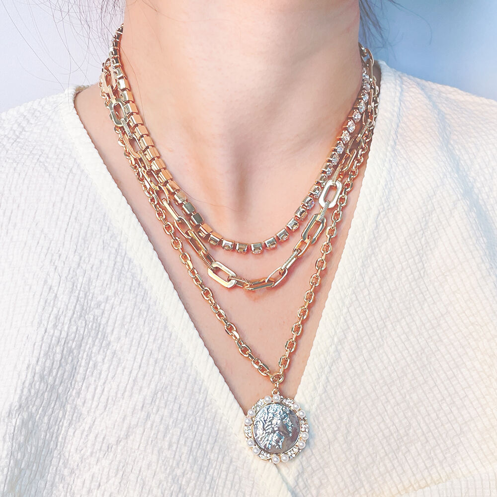 product hot selling customizable womens multi layer gold link chain pearl crystal necklace earring set featuring cameo pendant jewelry-5