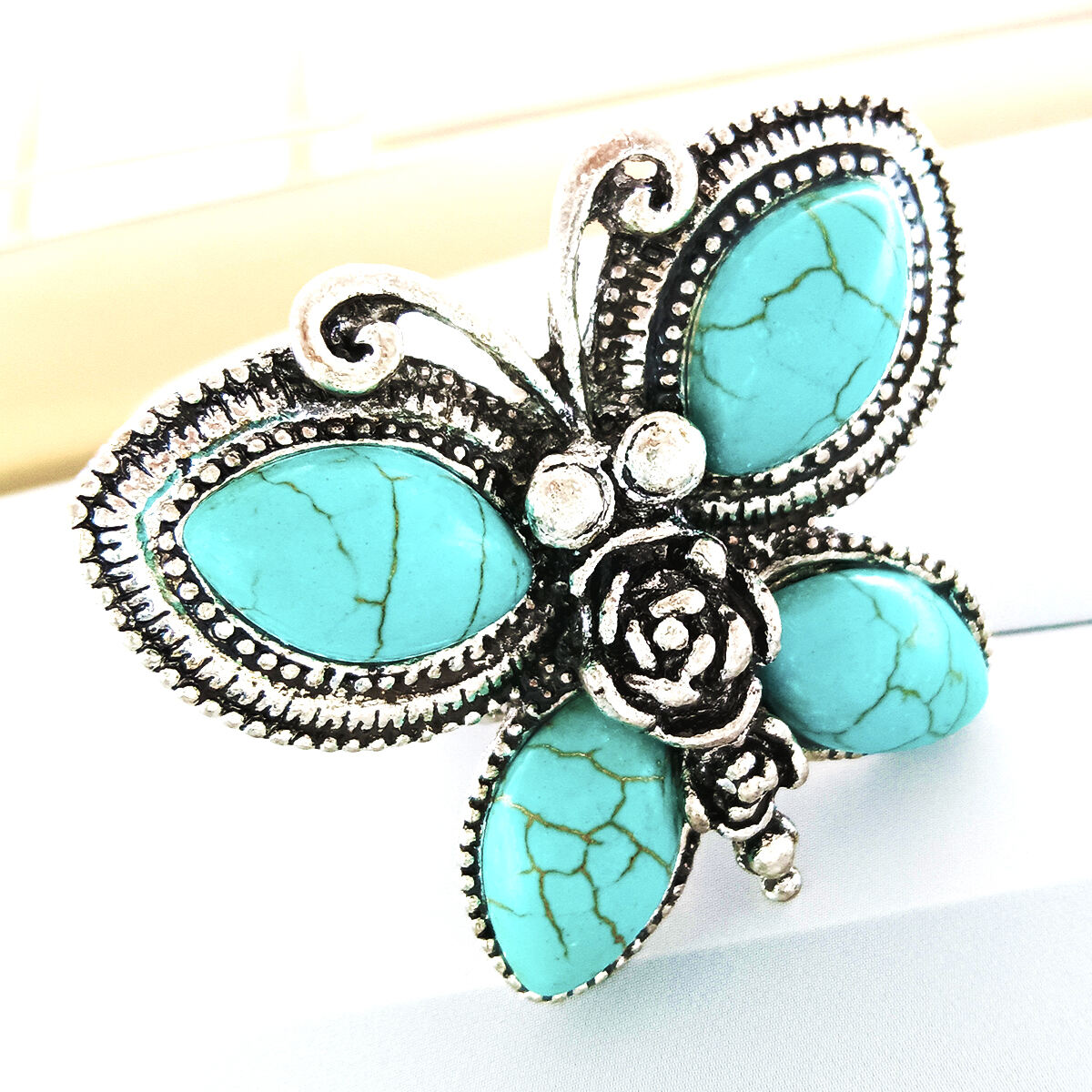 New Fashion Custom Vintage butterfly Geometric Shell Turquoise Natural Stone Elastic Ring for Women factory