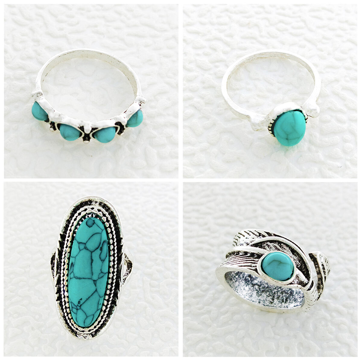 Custom Vintage Geometric Shell Turquoise Natural Stone Silver Plated Rings Set for Women High Classic Engagement New Alloy details