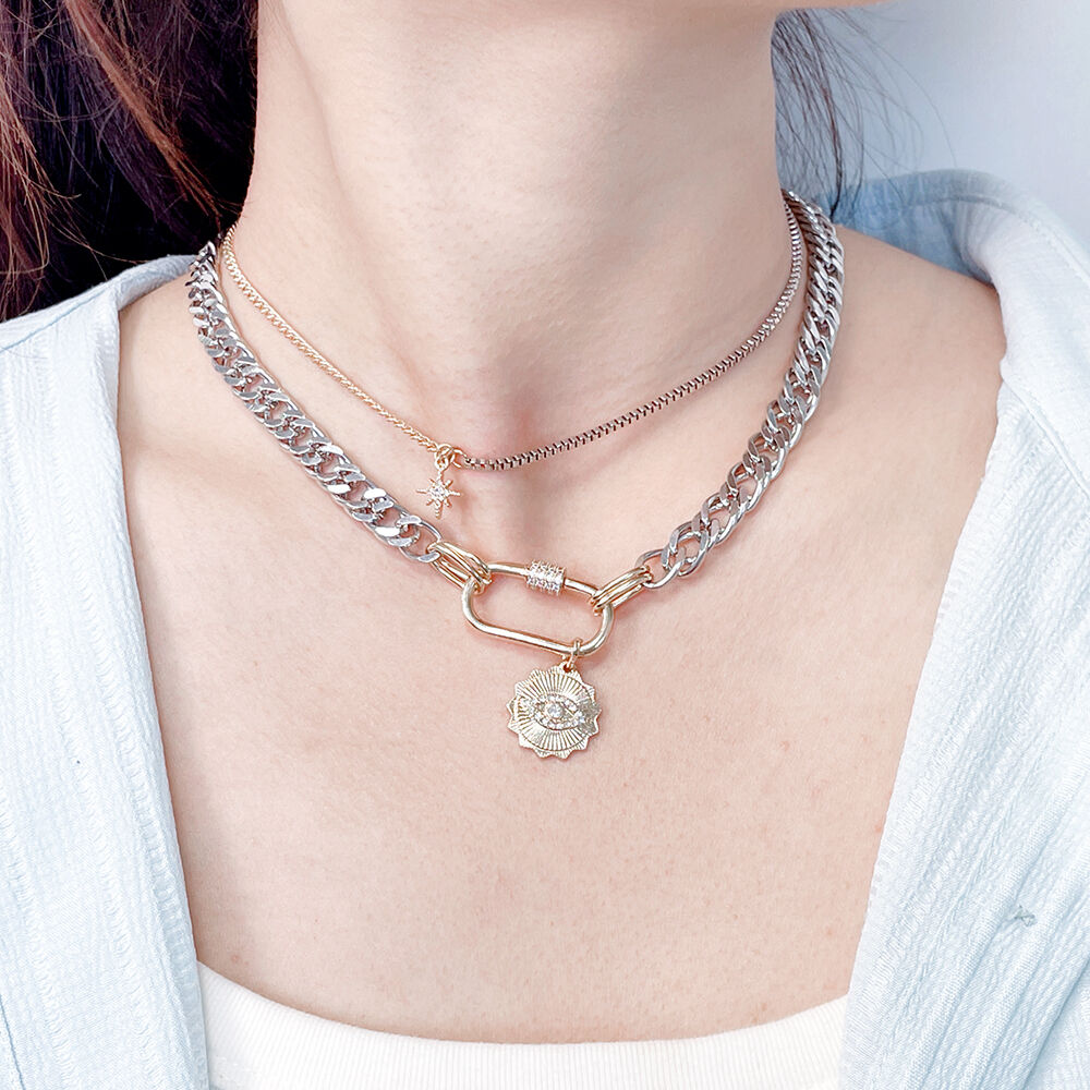 product charm necklace korean jewelry double layer chain crystal diamond pendant carabiner gold plated necklace for women-3