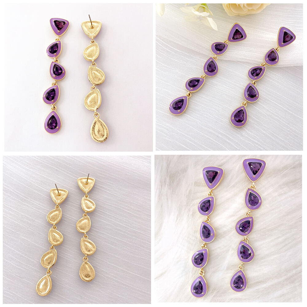 Korean Style New Fashion Purple Enamel Crystal Gold Plated Dangle Earrings for Women Classic Alloy & Zinc Material supplier