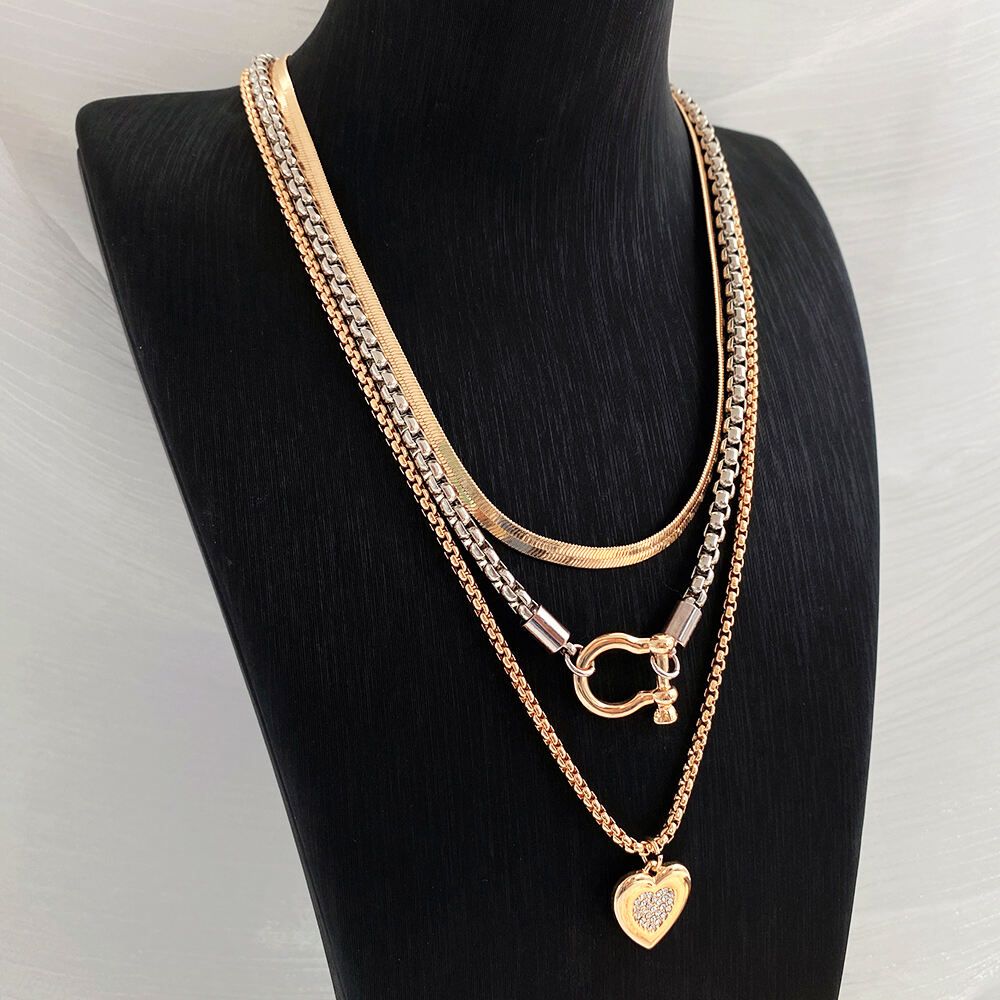 product fashion jewelry multi layer carabiner heart pendant choker box chain necklace choker women men chunky horseshoe necklace-7