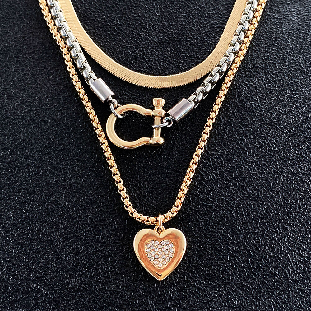 product fashion jewelry multi layer carabiner heart pendant choker box chain necklace choker women men chunky horseshoe necklace-4