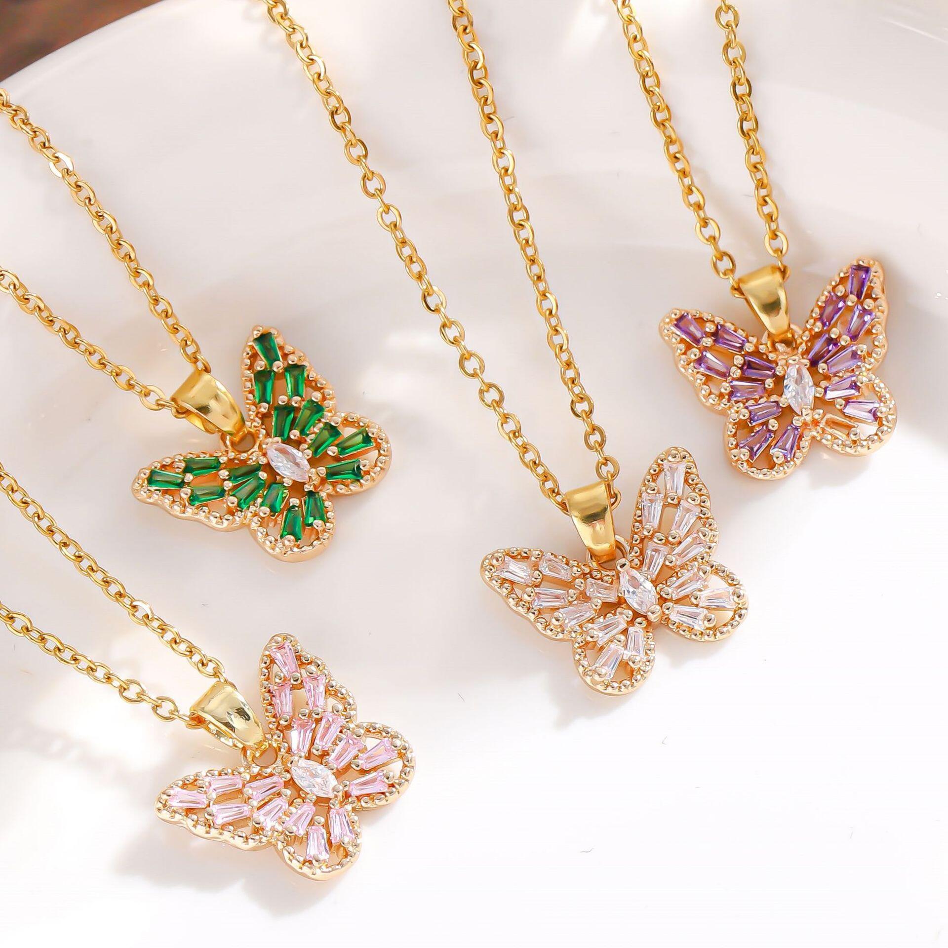 product plated butterfly necklace fashion custom jewelry pendant women necklace gold stainless steel wholesale colored rhinestone glass-2